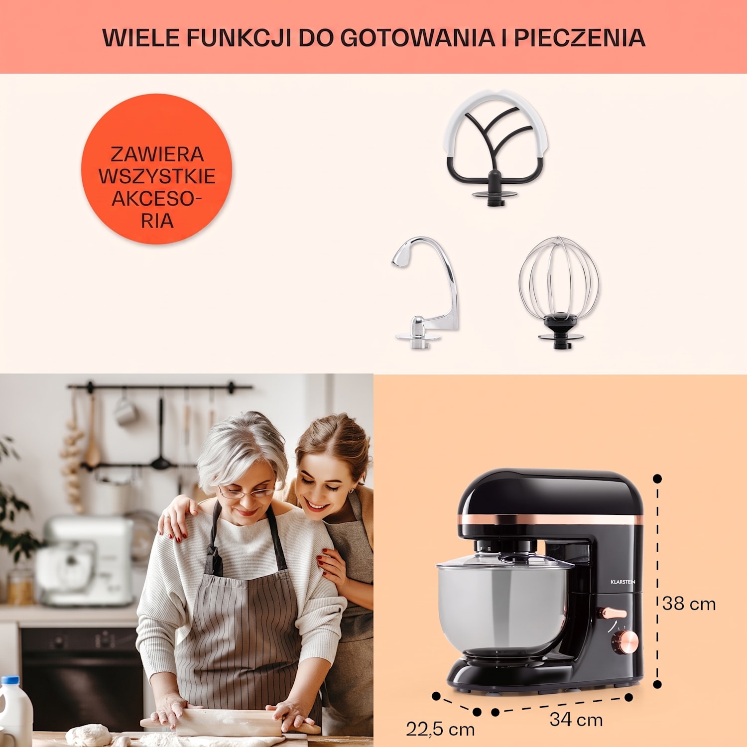 Bella Elegance, robot kuchenny, 1800 W, 1,7 HP, 6 stopni, 5 litrów, czarny Czarny