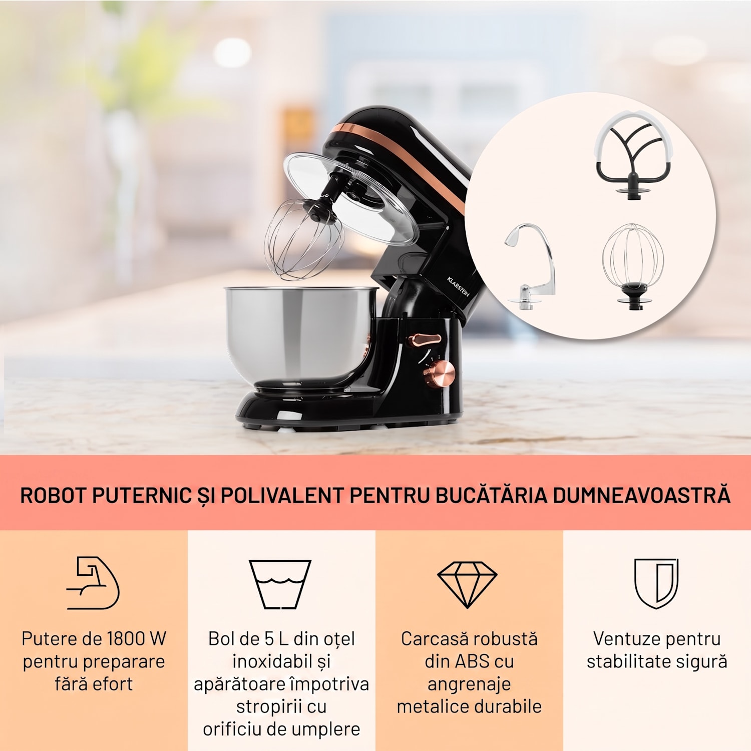 Bella Elegance, robot de bucătărie, 1800W, 1,7 HP, 6 nivele, 5 litri, negru Negru