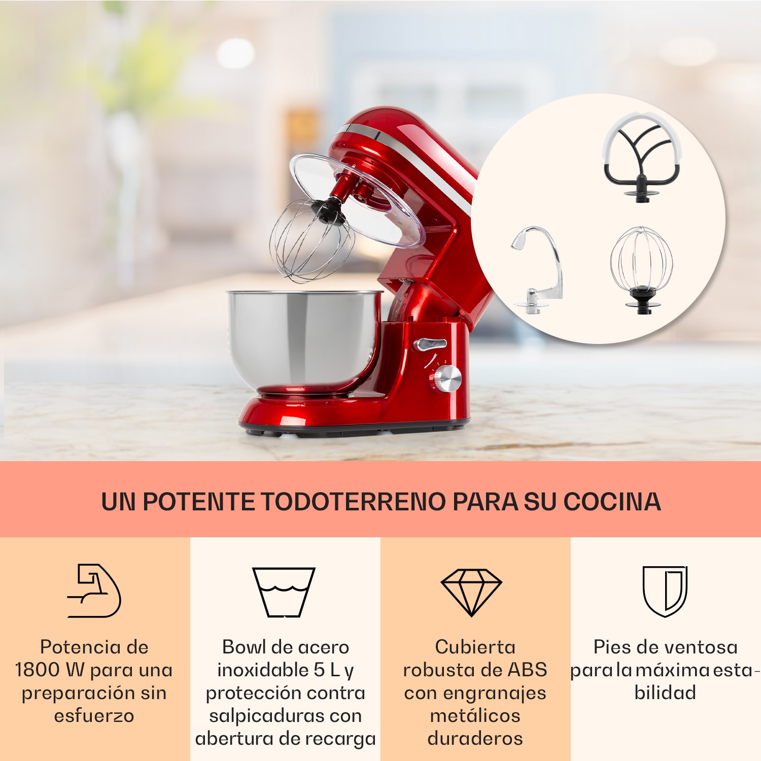 Robot de cocina Bella Elegance 1800 vatios / 2,7 CV / 5,2 litros, acero inoxidable, sin BPA Rojo