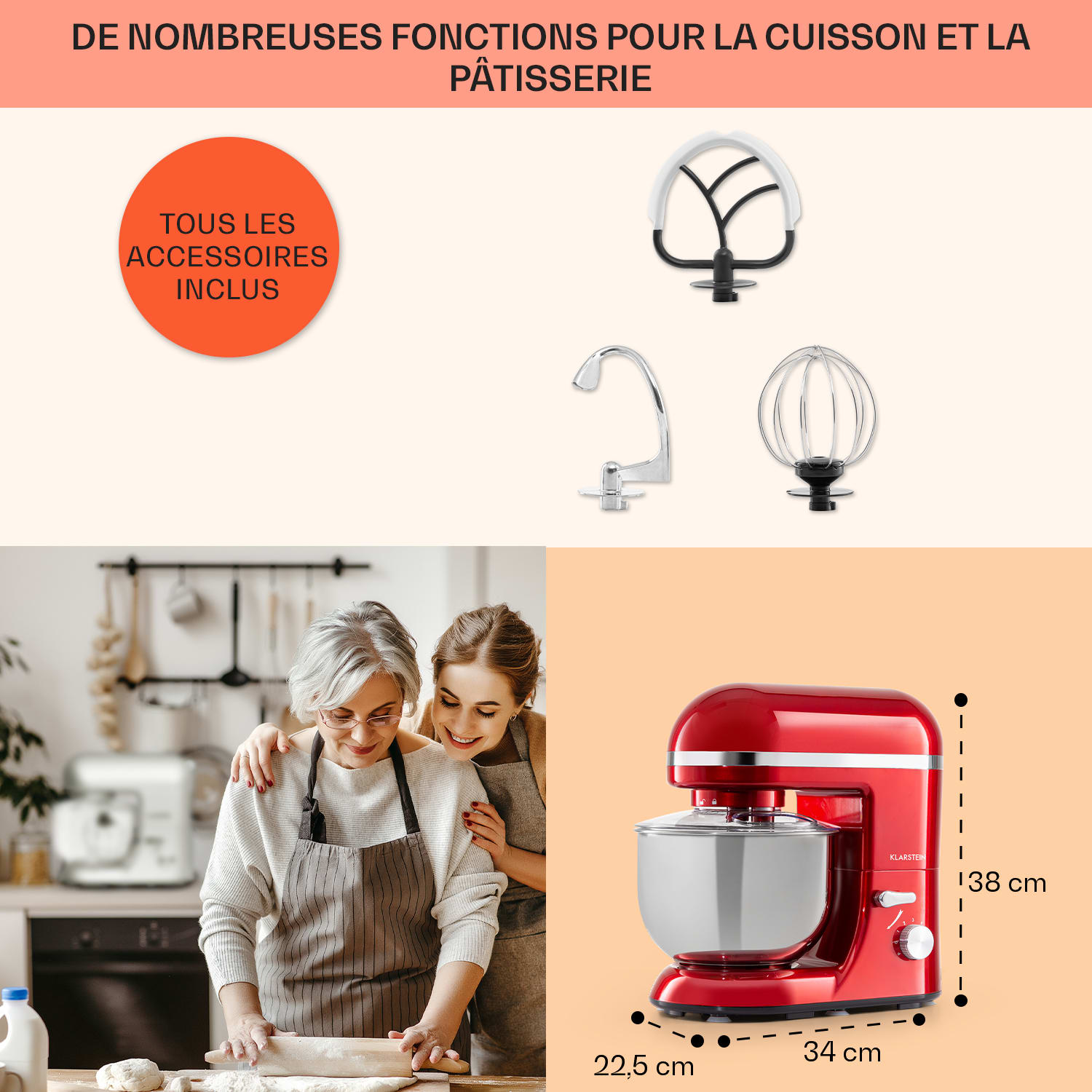 Bella Elegance keukenmachine 1800 W / 5,2 liter rvs zonder BPA Rood