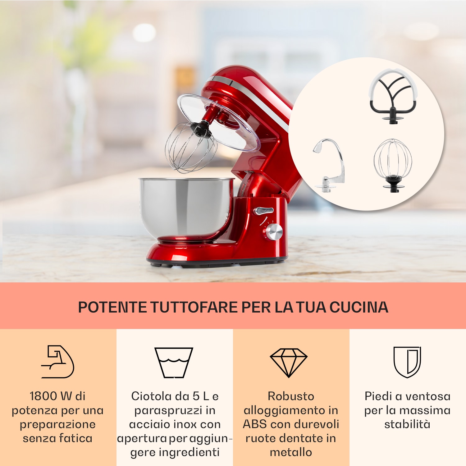 Bella Elegance Robot da cucina 1800 W/2,7 CV 5,2 litri acciaio inox senza BPA Rosso