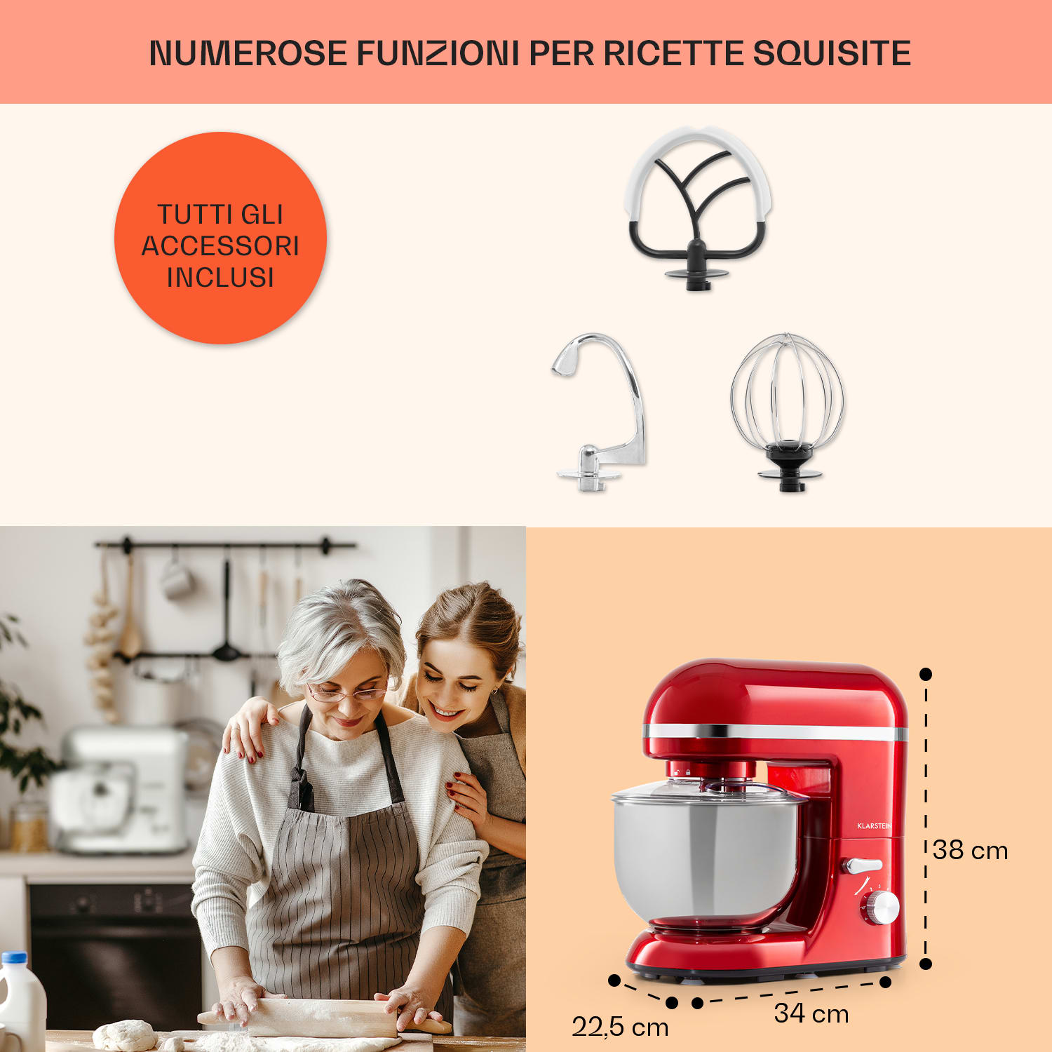 Bella Elegance Robot da cucina 1800 W/2,7 CV 5,2 litri acciaio inox senza BPA Rosso