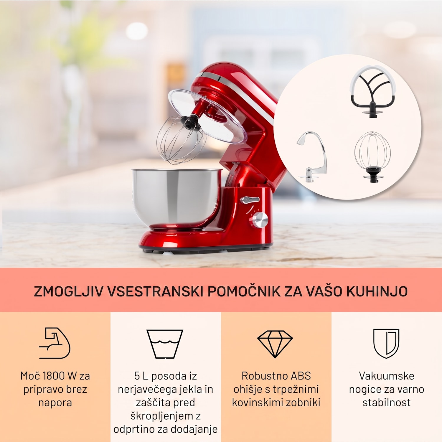 Bella Elegance, kuhinjski robot, 1800 W, 1,7 HP, 6 stopenj, 5 litrov, rdeča Rdeča