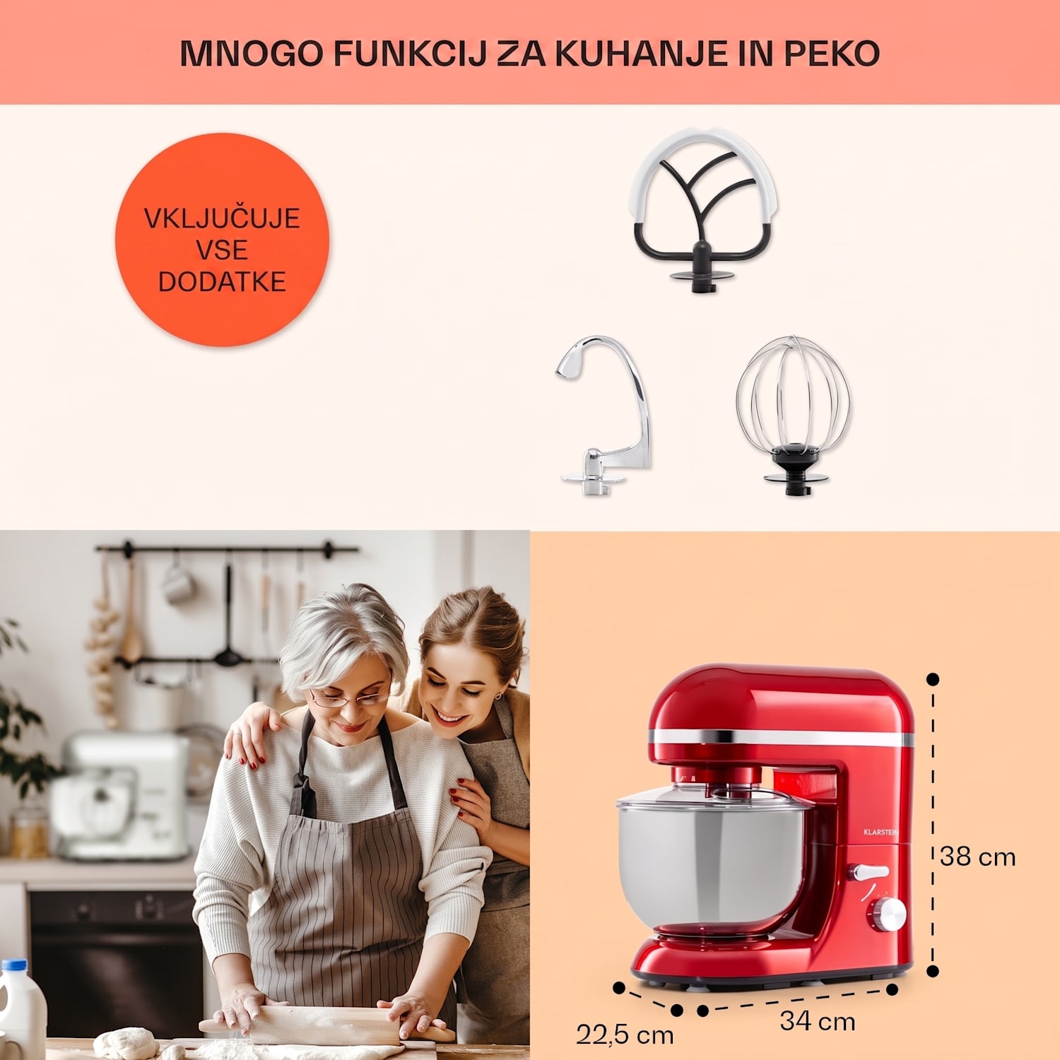 Bella Elegance, kuhinjski robot, 1800 W, 1,7 HP, 6 stopenj, 5 litrov, rdeča Rdeča