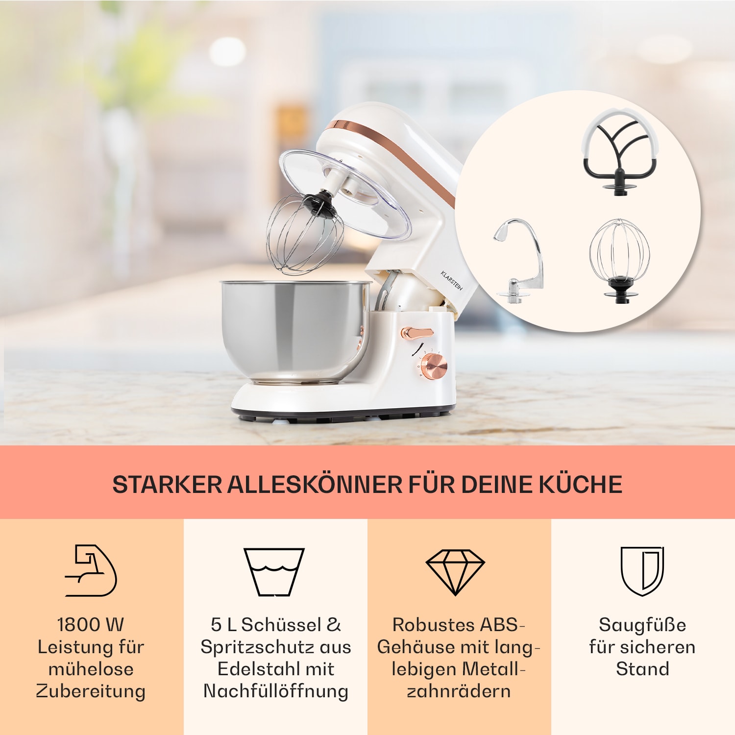 Bella Elegance Küchenmaschine 1800W/2,7PS/5,2 Ltr Edelstahl BPA-frei Weiß