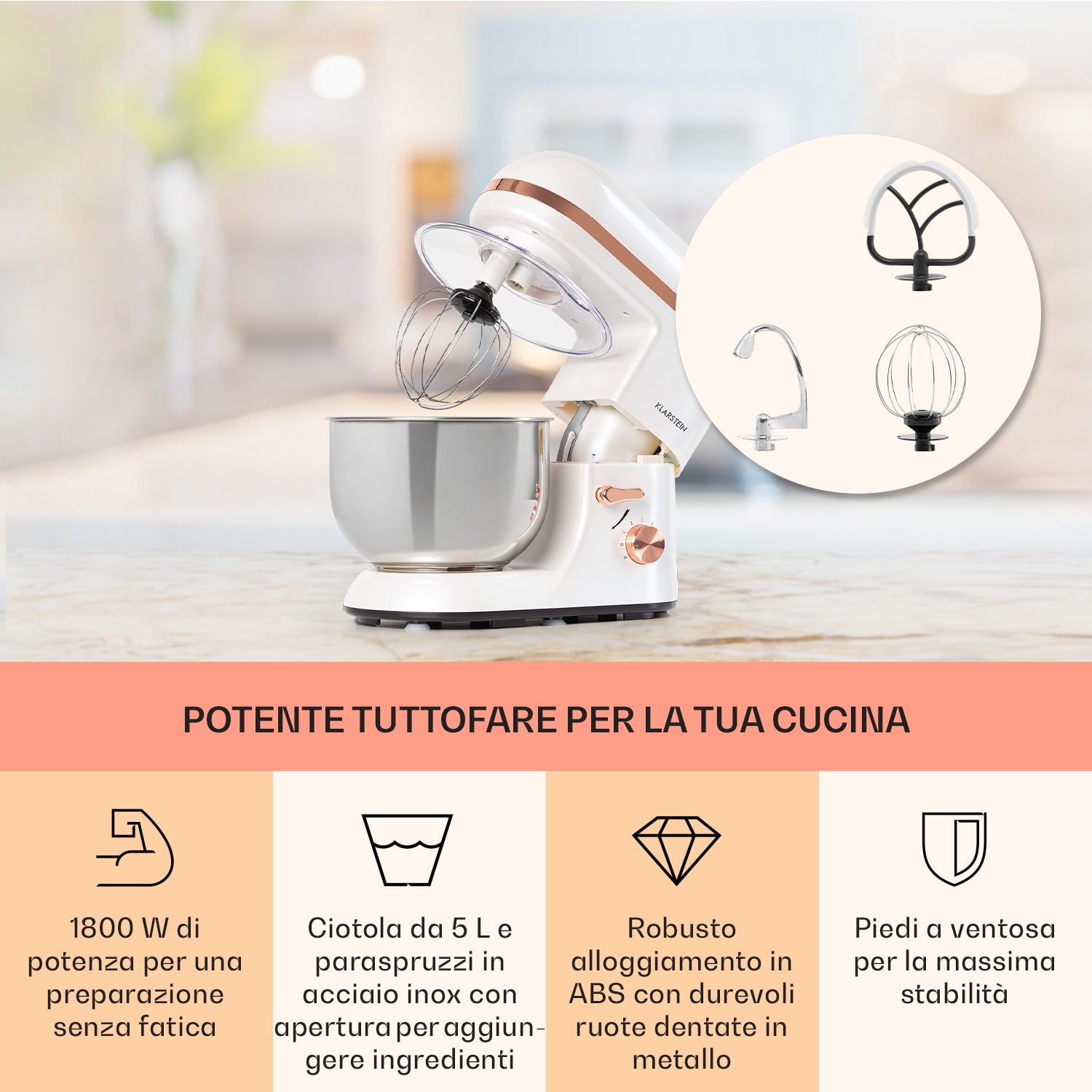 Bella Elegance Robot da cucina 1800 W/2,7 CV 5,2 litri acciaio inox senza BPA Bianco