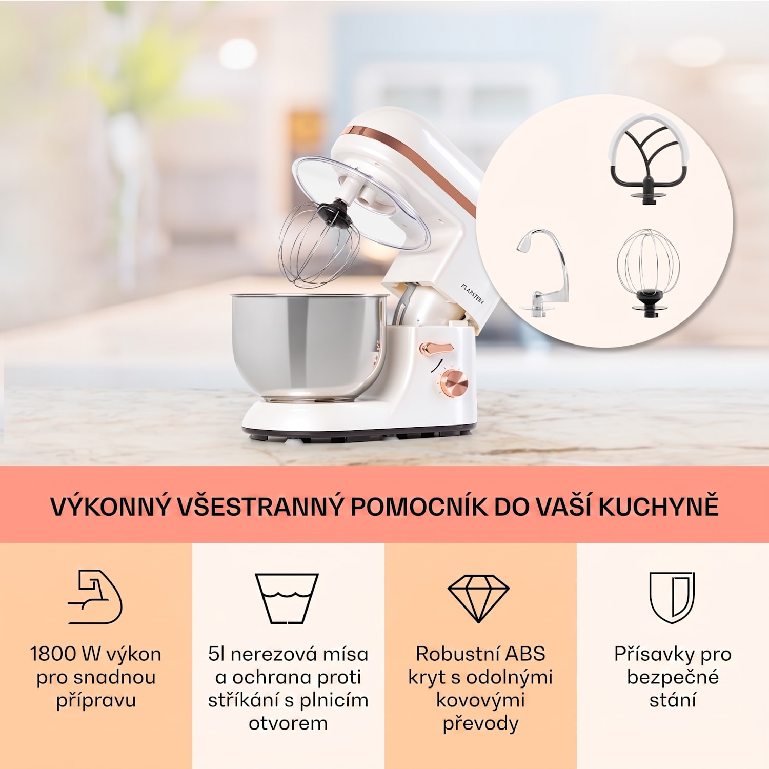 Bella Elegance, kuchyňský robot, 1800 W, 1,7 HP, 6 stupňů, 5 l Bílá