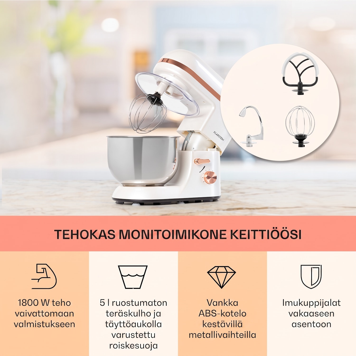 Bella Elegance -yleiskone 1800 W / 2,7 hv / 5 litraa ruostumaton teräs BPA-vapaa Valkoinen
