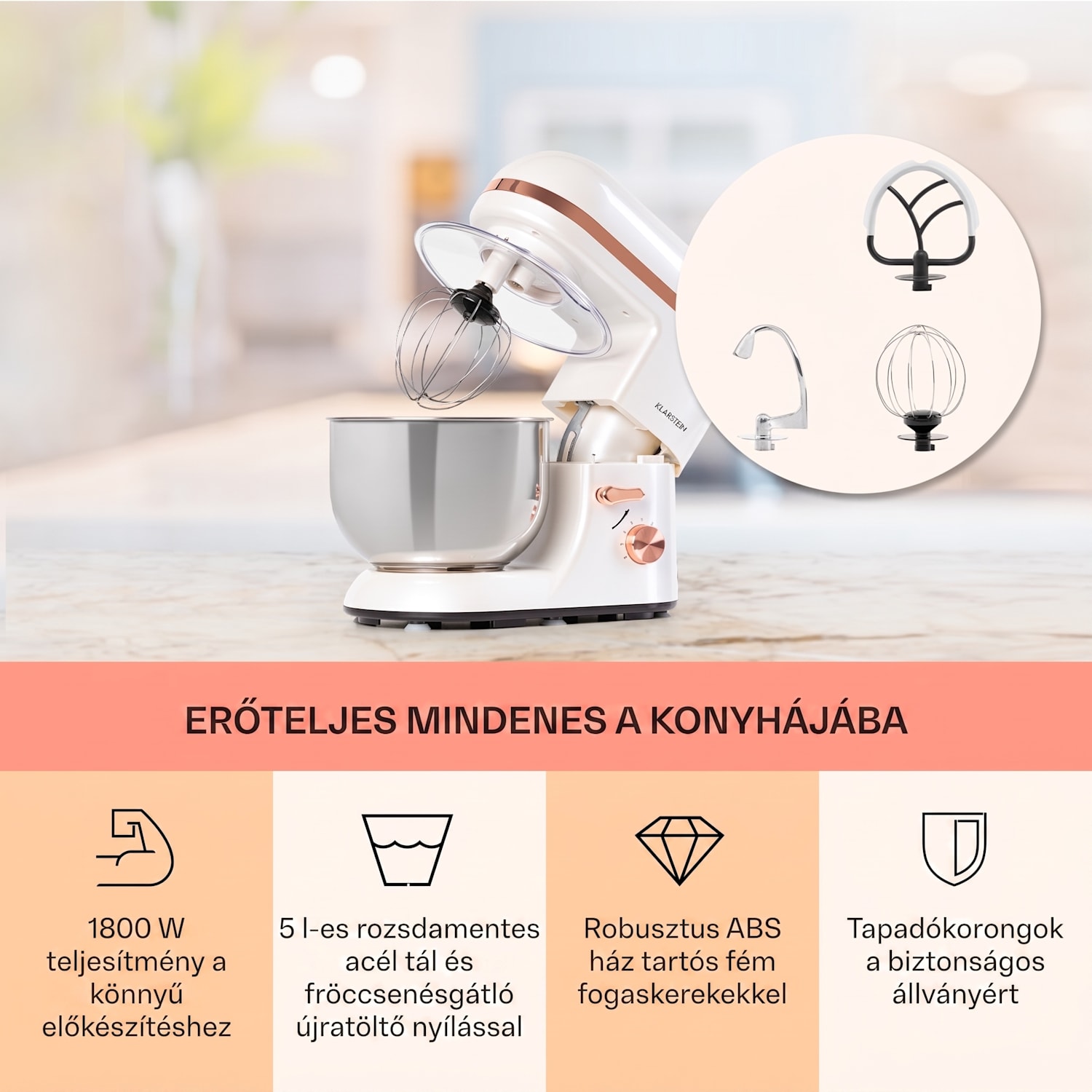 Bella Elegance, konyhai robotgép, 1800 W, 1,7 PS, 6 fokozat, 5 L Fehér