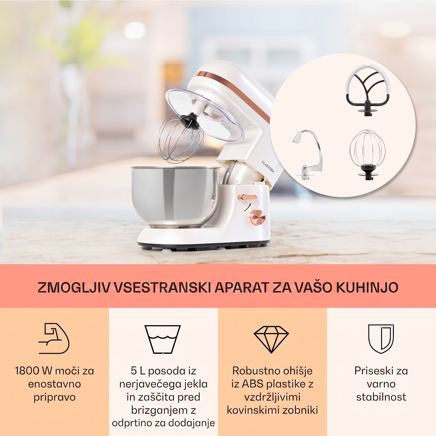 Bella Elegance, kuhinjski robot, 1800 W, 1,7 HP, 6 stopenj, 5 litrov, bela Bela