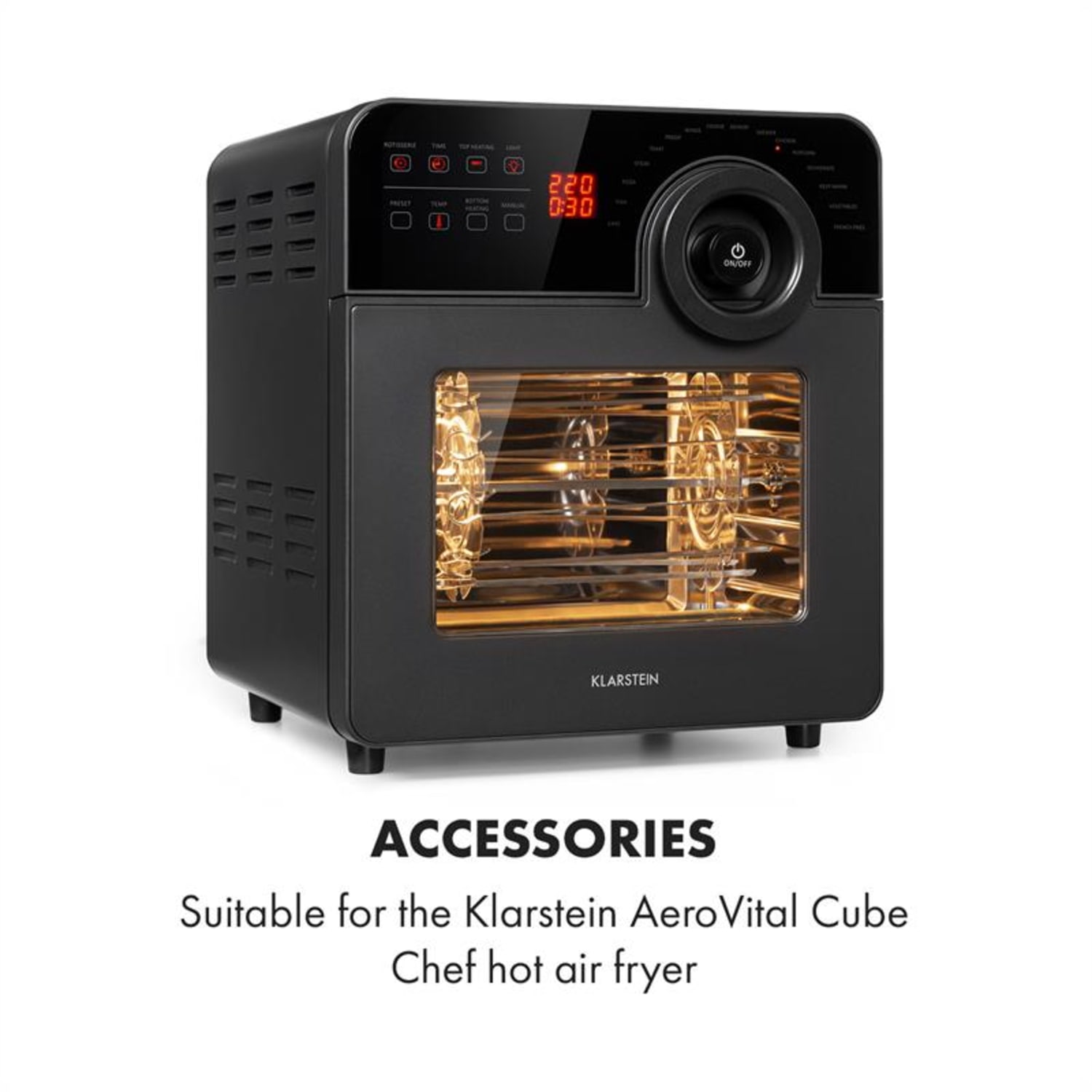 AeroVital Cube Chef, фритюрник с горещ въздух, въртящо се шишче, аксесоари, неръждаема стомана 