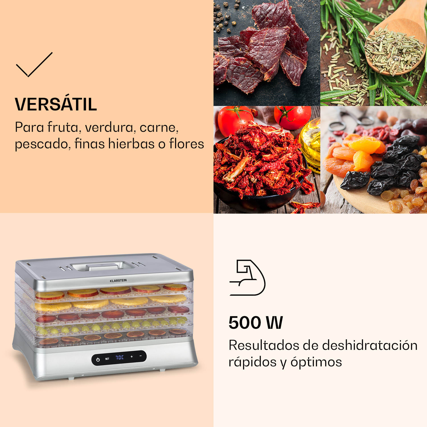 Silver Jerky Deshidratador 500W Pantalla led Libre de BPA 35-70 °C 