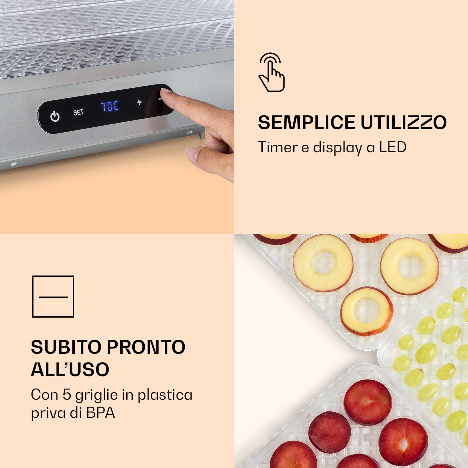 Silver Jerky - Essiccatore, 500W, display LED, senza BPA, 35-70 °C 