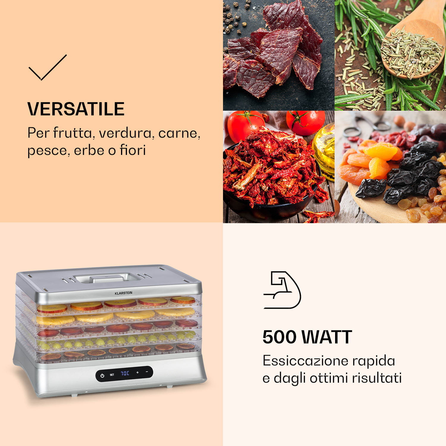 Silver Jerky - Essiccatore, 500W, display LED, senza BPA, 35-70 °C 
