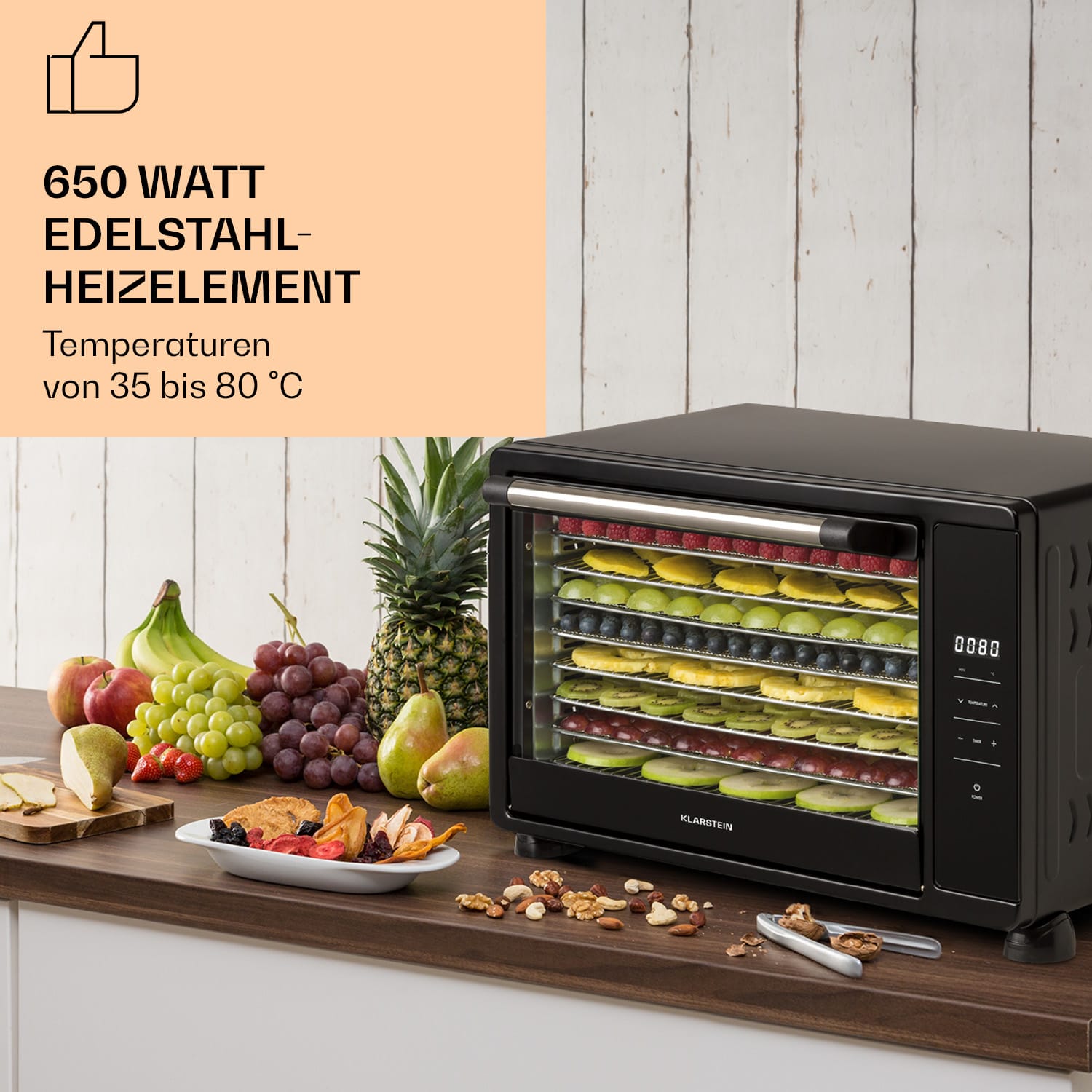 Mega Jerky Dörrautomat 650W 35-80°C LC-Touch-Display Timer 8 Ebenen Schwarz