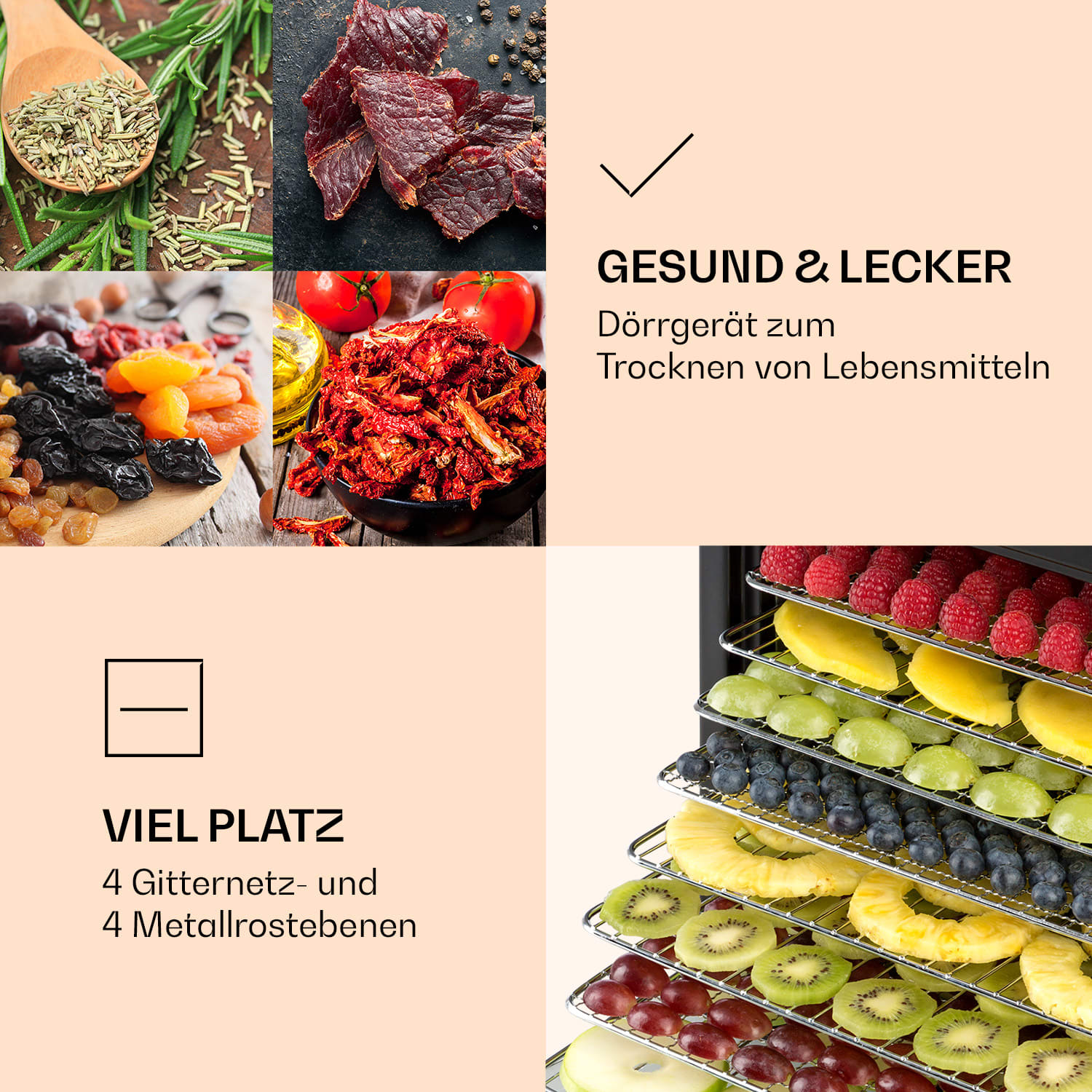 Mega Jerky Dörrautomat 650W 35-80°C LC-Touch-Display Timer 8 Ebenen Schwarz