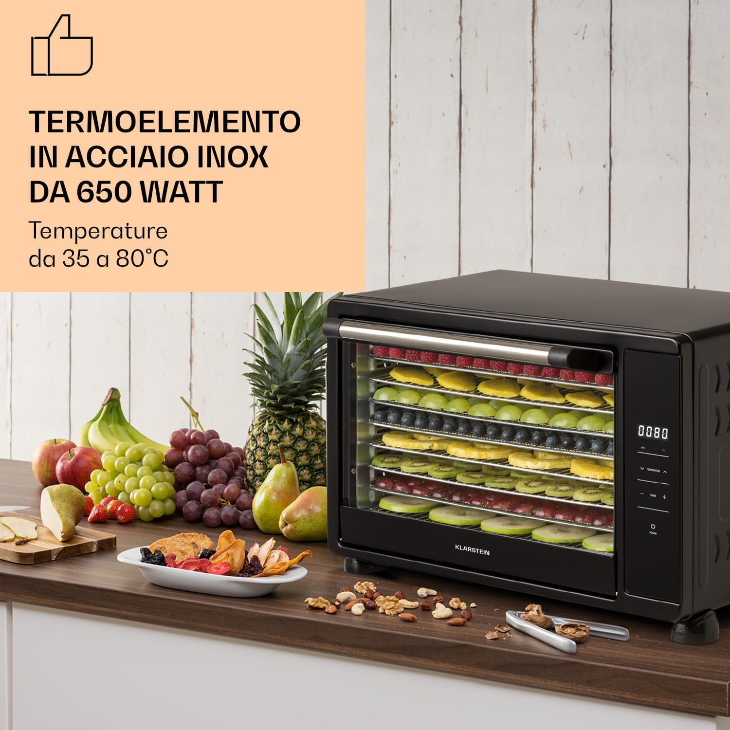 Mega Jerky - Essiccatore, 650W, 35-80°C, schermo LCD touch, timer, 8 ripiani Nero