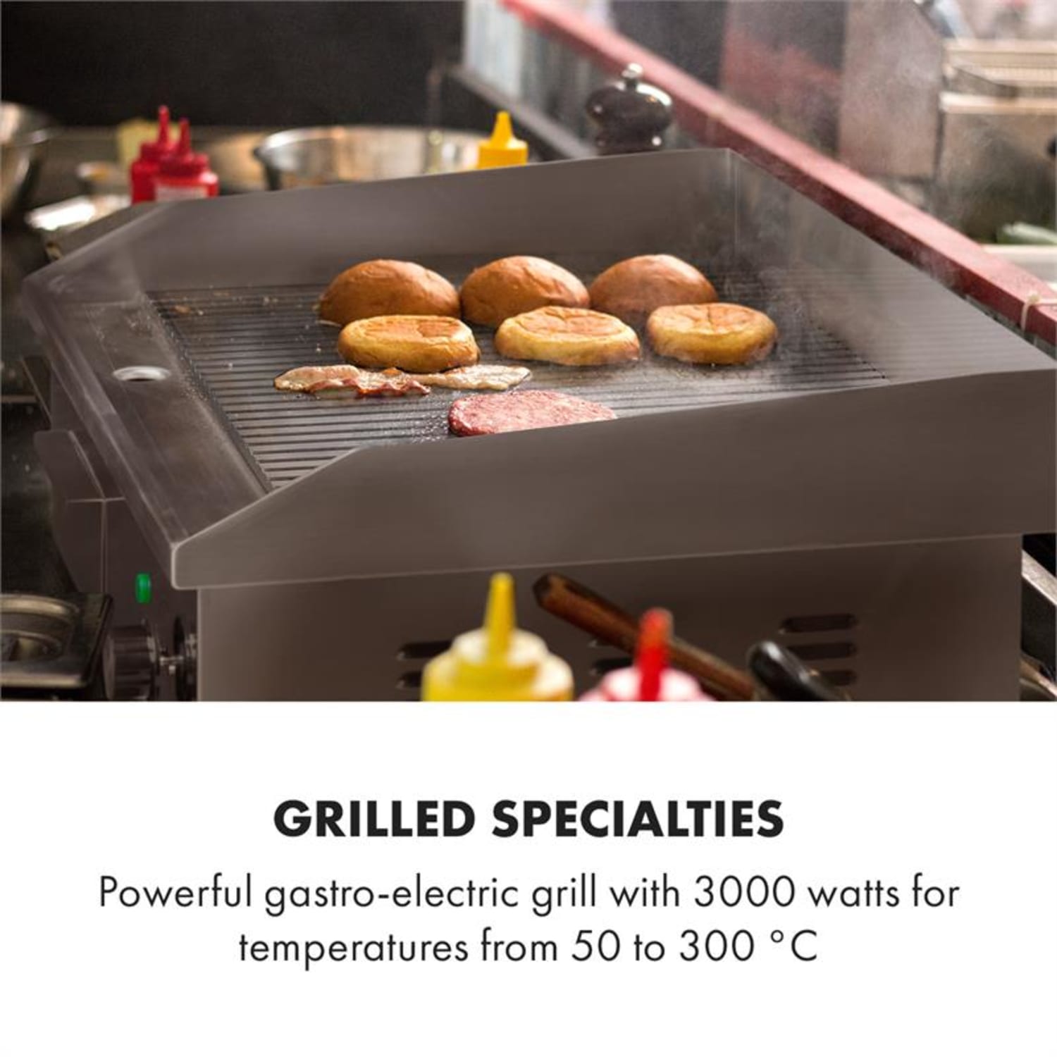 Grillmeile 3000R, grill elektryczny, płyta 54,5 x 35 cm, ryflowany, 3000 W Rowkowana płyta grillowa