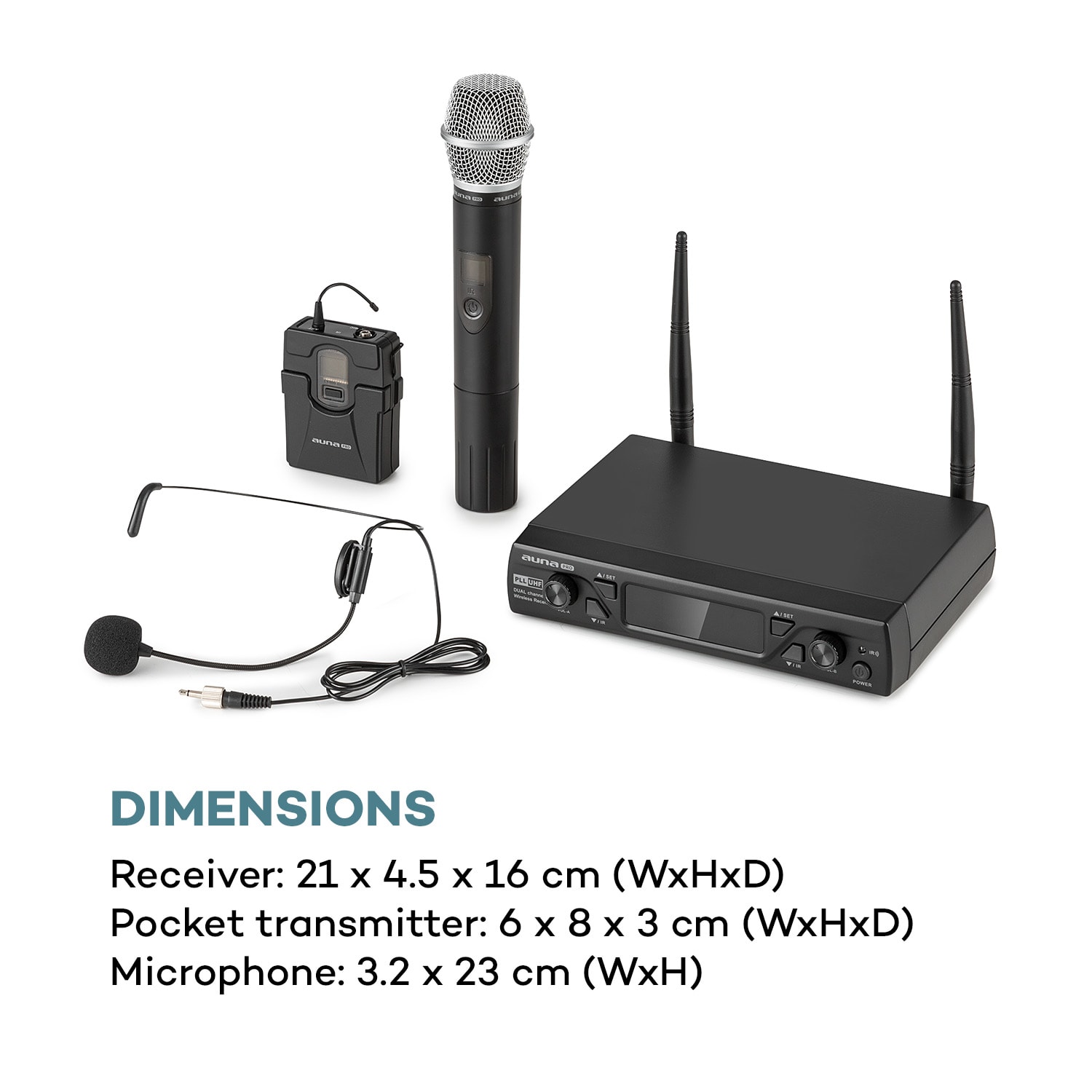 UHF200C-HB, set de microfoane fără fir UHF cu 2 canale, receptor, microfon portabil, emițător