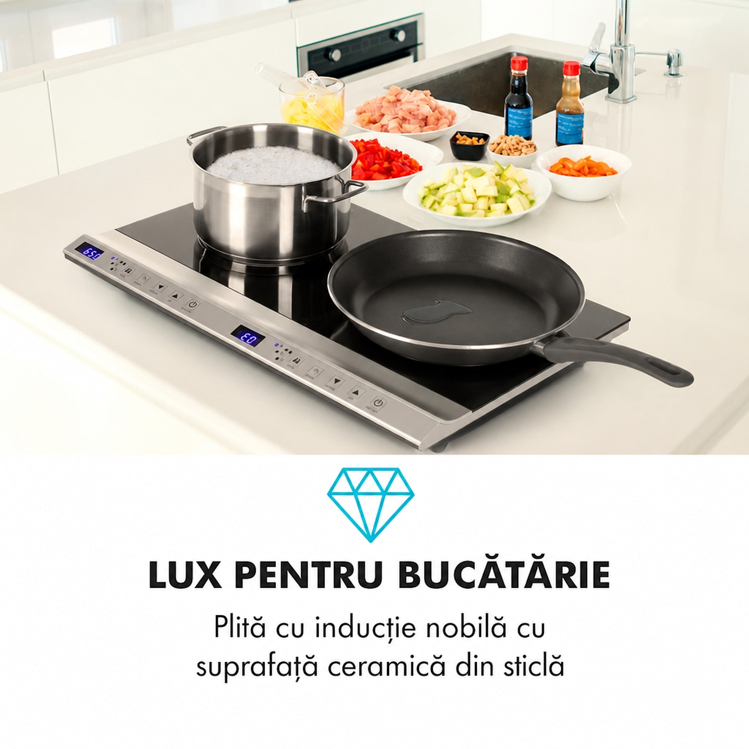 Cucinata, plită cu inducție, 3100 W, 10 niveluri de putere, 200 - 1300 W 