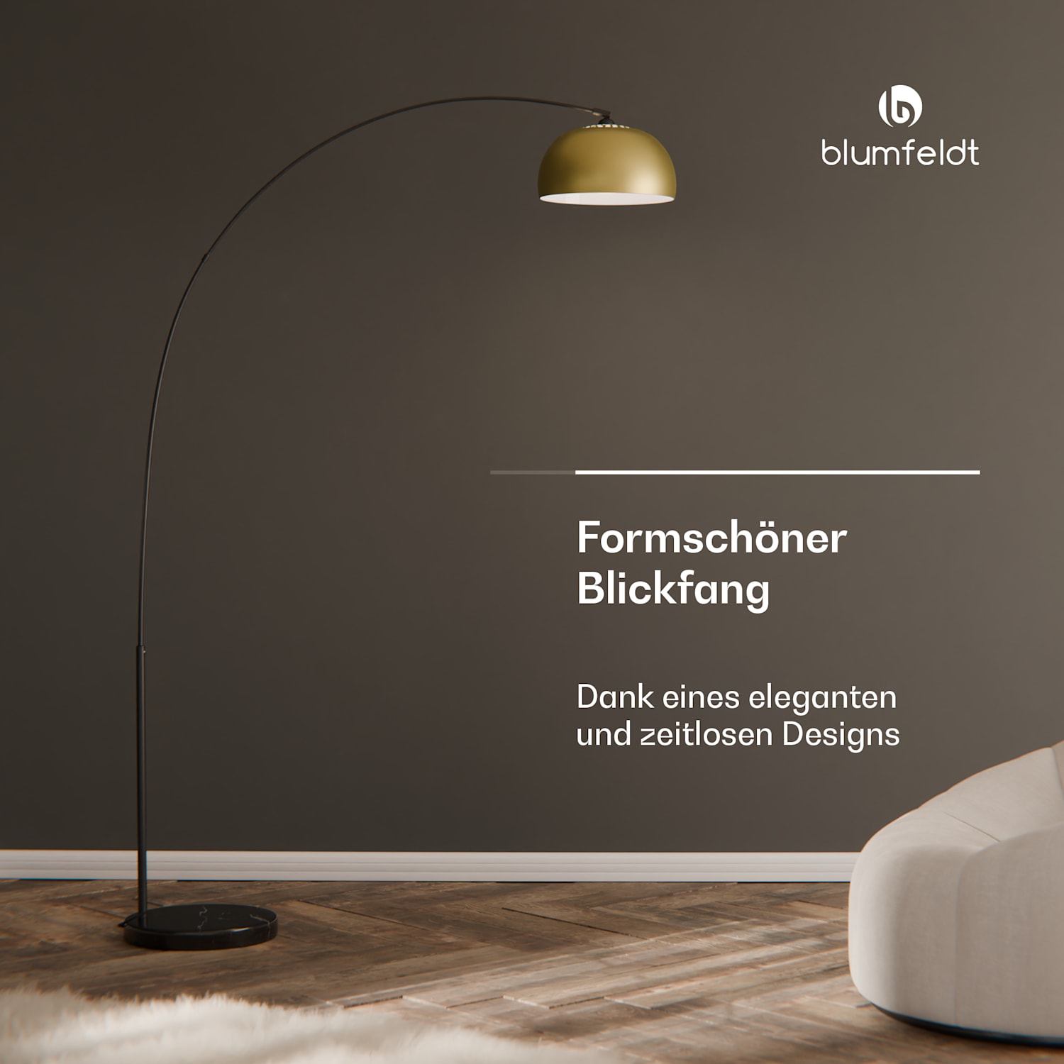 Amara Bogenlampe vergoldeter Schirm Marmorsockel E27 Netzkabel: 2 m Gold