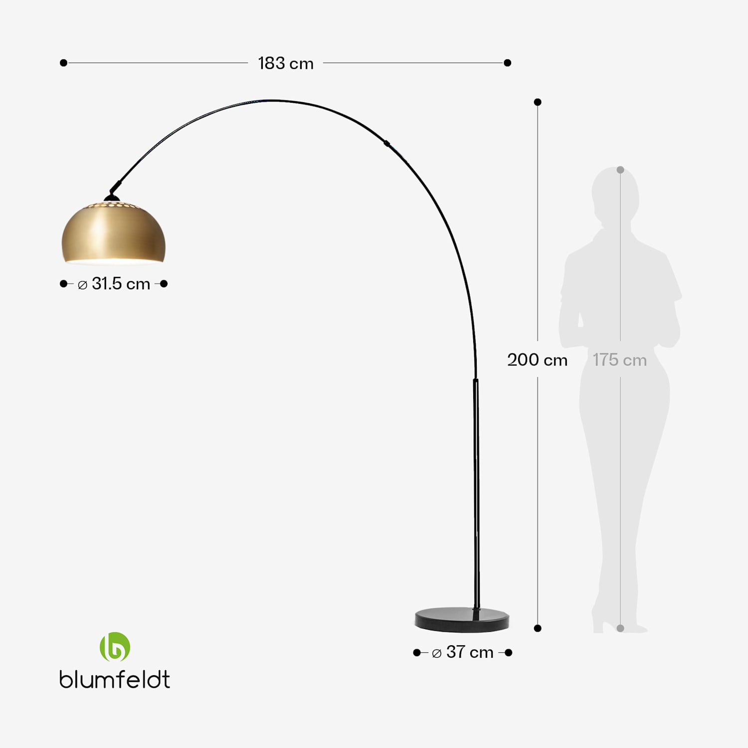 Amara, oblouková lampa, pozlacené stínidlo, mramorový podstavec, E27, síťový kabel: 2 m, zlatá 