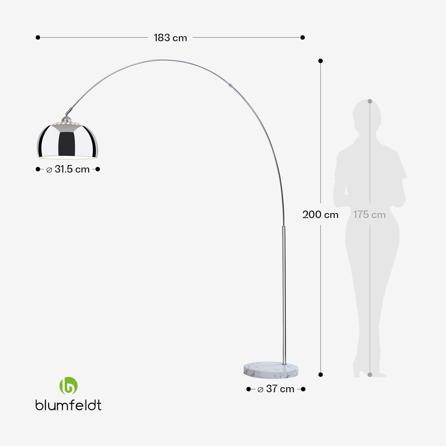 Nael Bogenlampe silberner Schirm Marmorsockel E27 Netzkabel: 2 m 