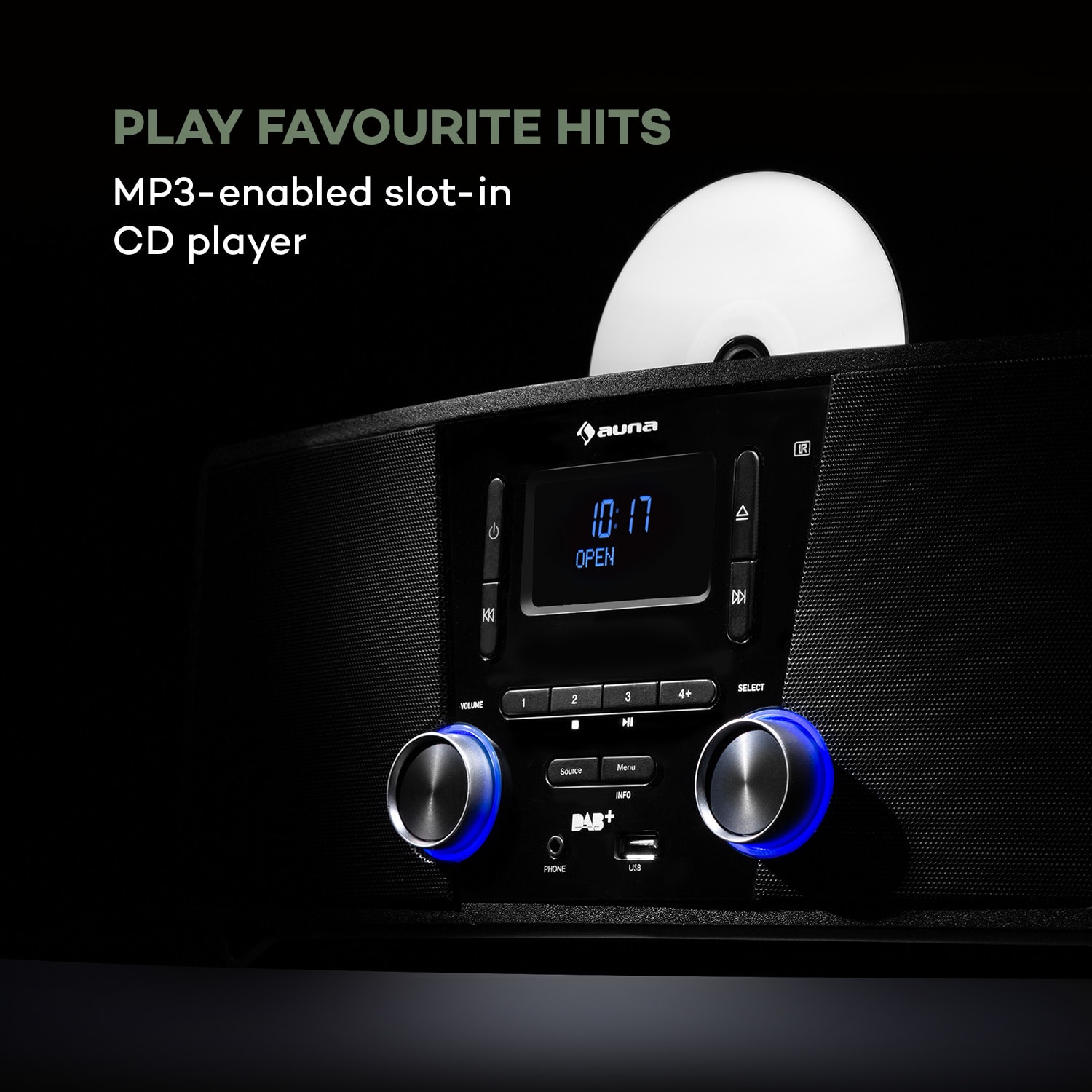 Stockton, mikrowieża, stereo, 20 W, DAB+, FM, CD, Bluetooth, OLED, kolor czarny