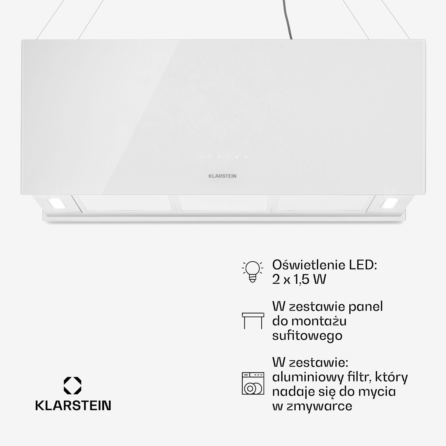 Kronleuchter XL, okap kuchenny wyspowy, 90 cm, 590 m³/h, LED, panel dotykowy, kolor biały Biały
