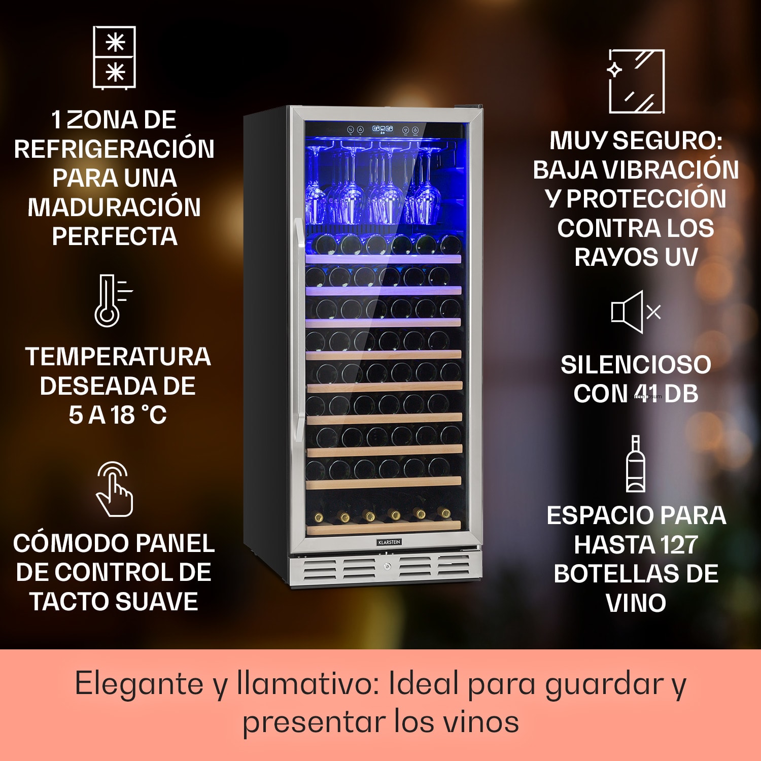 Vinovilla Grande 127 Frigorífico empotrable y espacioso para vino 320 L 127 botellas Acero inoxidable LED 127 botellas | 1 zona de refrigeración | Acero Inoxidable