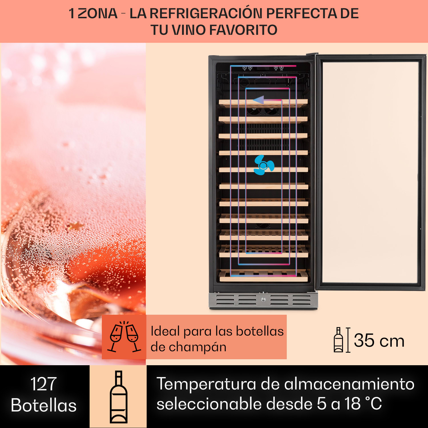 Vinovilla Grande 127 Frigorífico empotrable y espacioso para vino 320 L 127 botellas Acero inoxidable LED 127 botellas | 1 zona de refrigeración | Acero Inoxidable