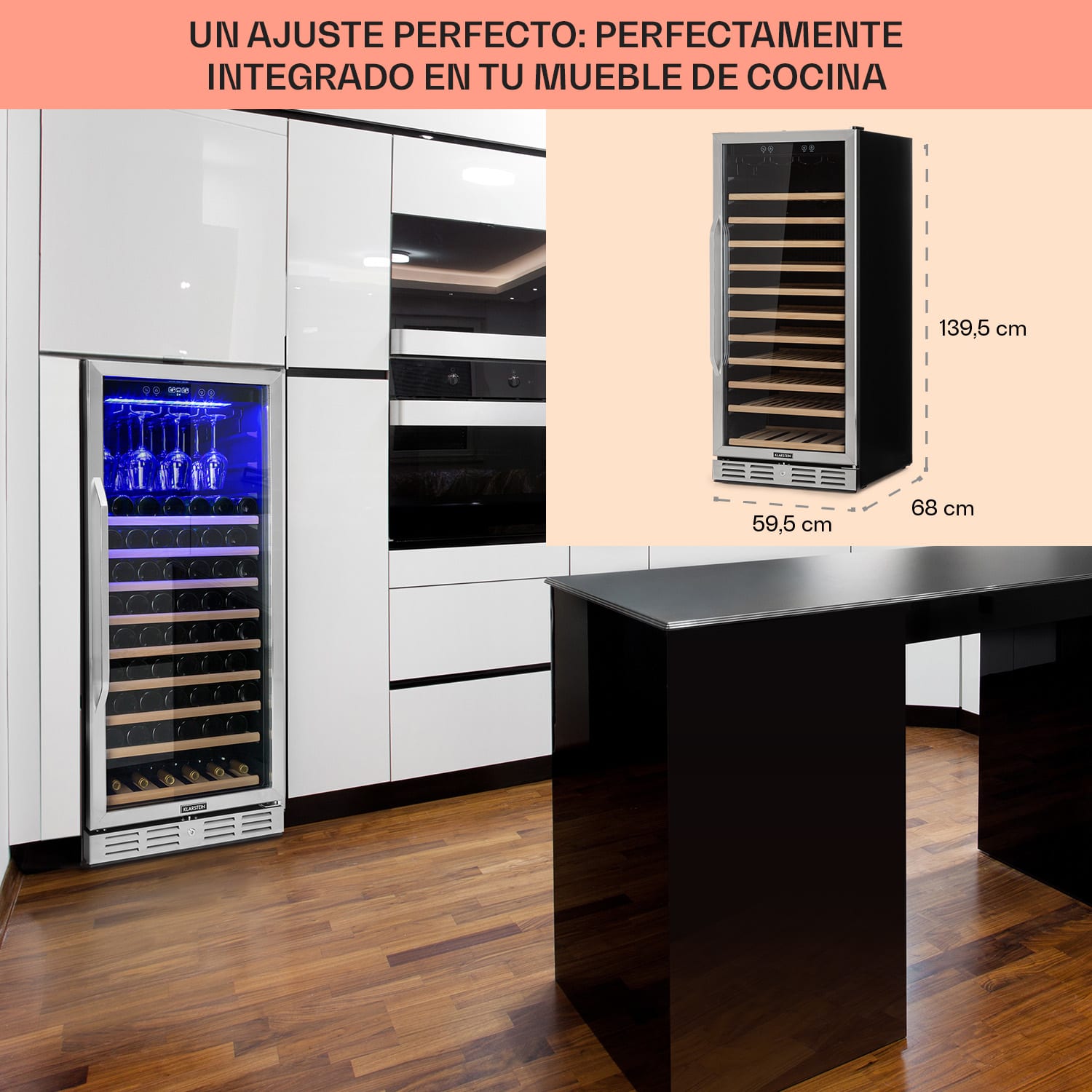 Vinovilla Grande 127 Frigorífico empotrable y espacioso para vino 320 L 127 botellas Acero inoxidable LED 127 botellas | 1 zona de refrigeración | Acero Inoxidable
