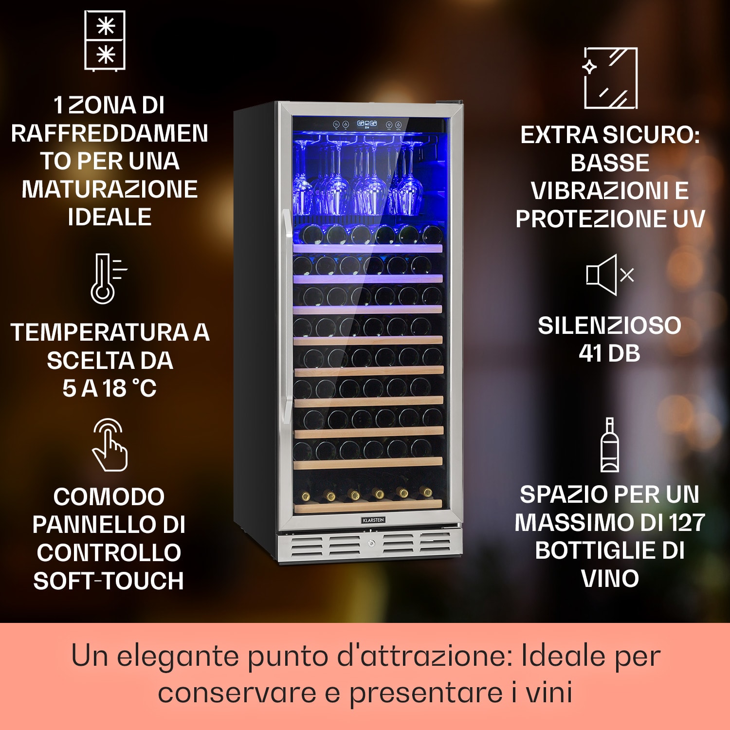 Vinovilla Grande 127 Built-in Uno Frigorifero per vini ampio 320l 127 Bottiglie LED acciaio inox 127 bottiglie | 1 zona di raffreddamento | Acciaio inox