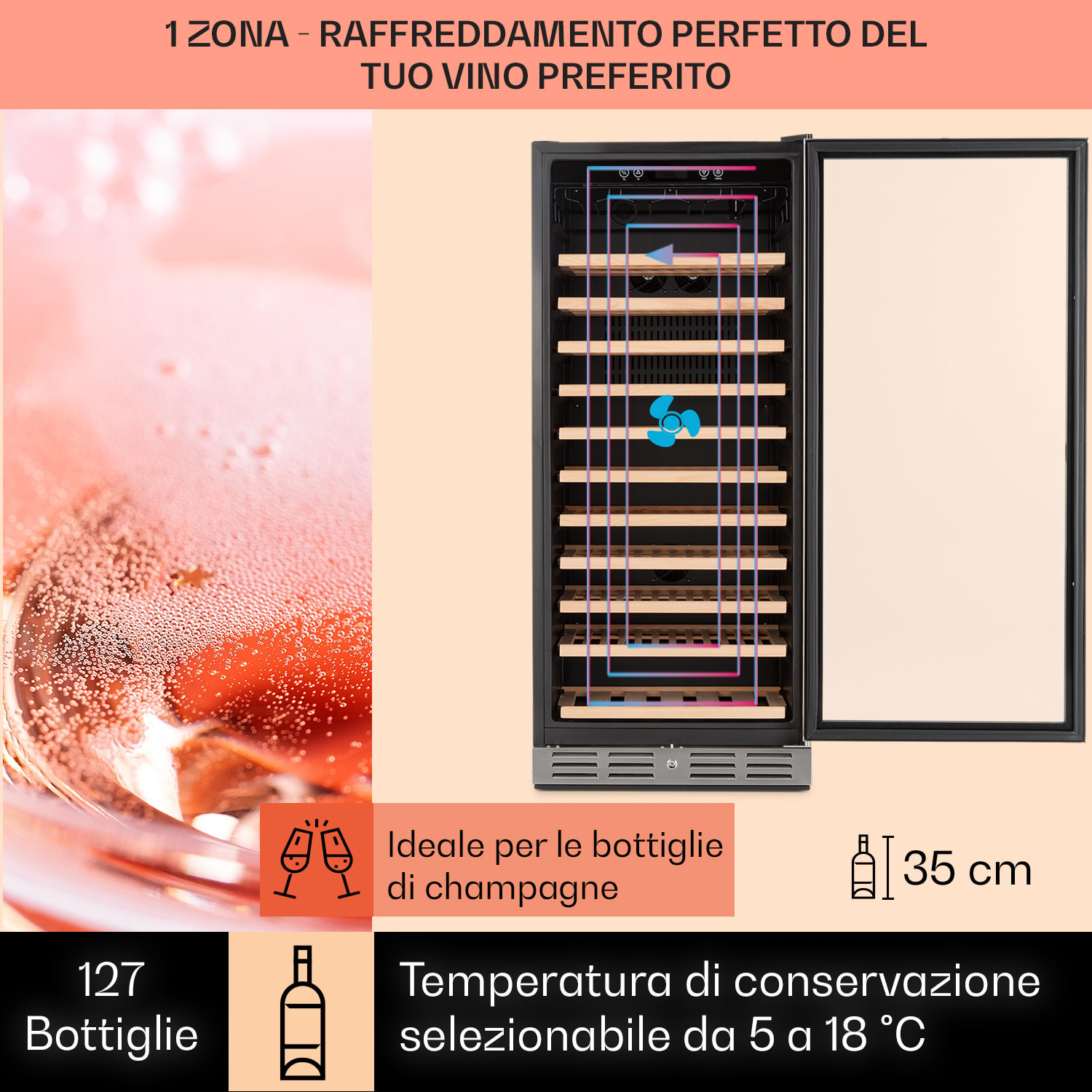 Vinovilla Grande 127 Built-in Uno Frigorifero per vini ampio 320l 127 Bottiglie LED acciaio inox 127 bottiglie | 1 zona di raffreddamento | Acciaio inox