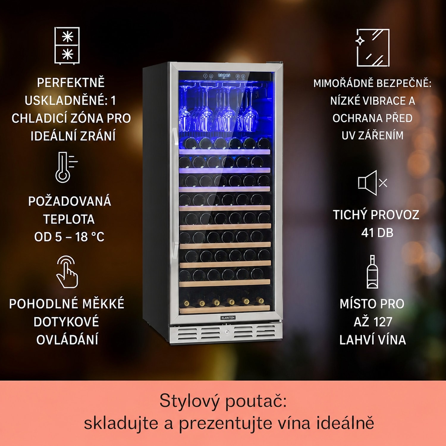 Vinovilla 127, vinotéka, 320 l/127 lahví, skleněné dveře, nerezová ocel 127 lahví | 1 chladící zóna | Nerezová ocel