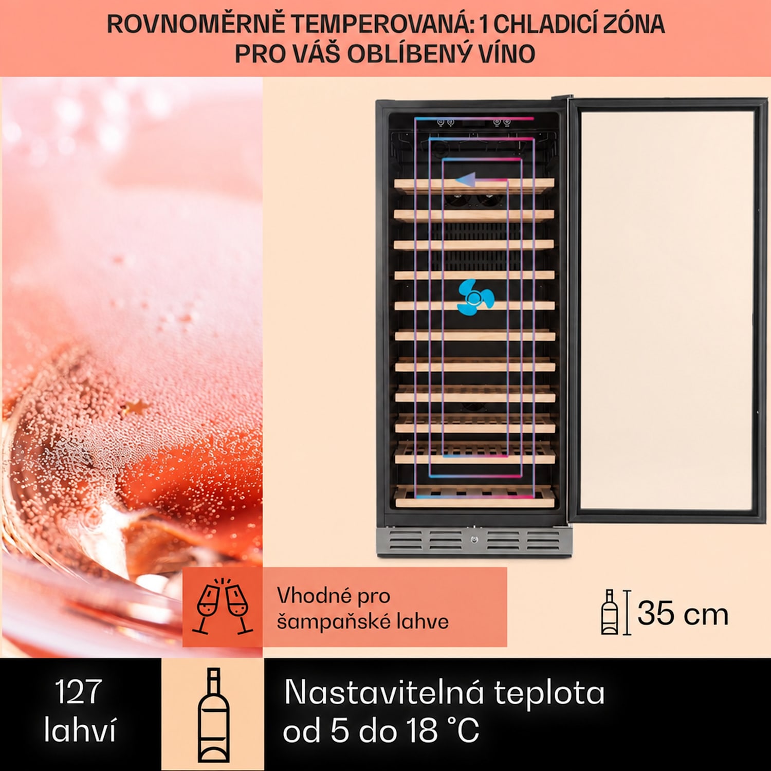 Vinovilla 127, vinotéka, 320 l/127 lahví, skleněné dveře, nerezová ocel 127 lahví | 1 chladící zóna | Nerezová ocel
