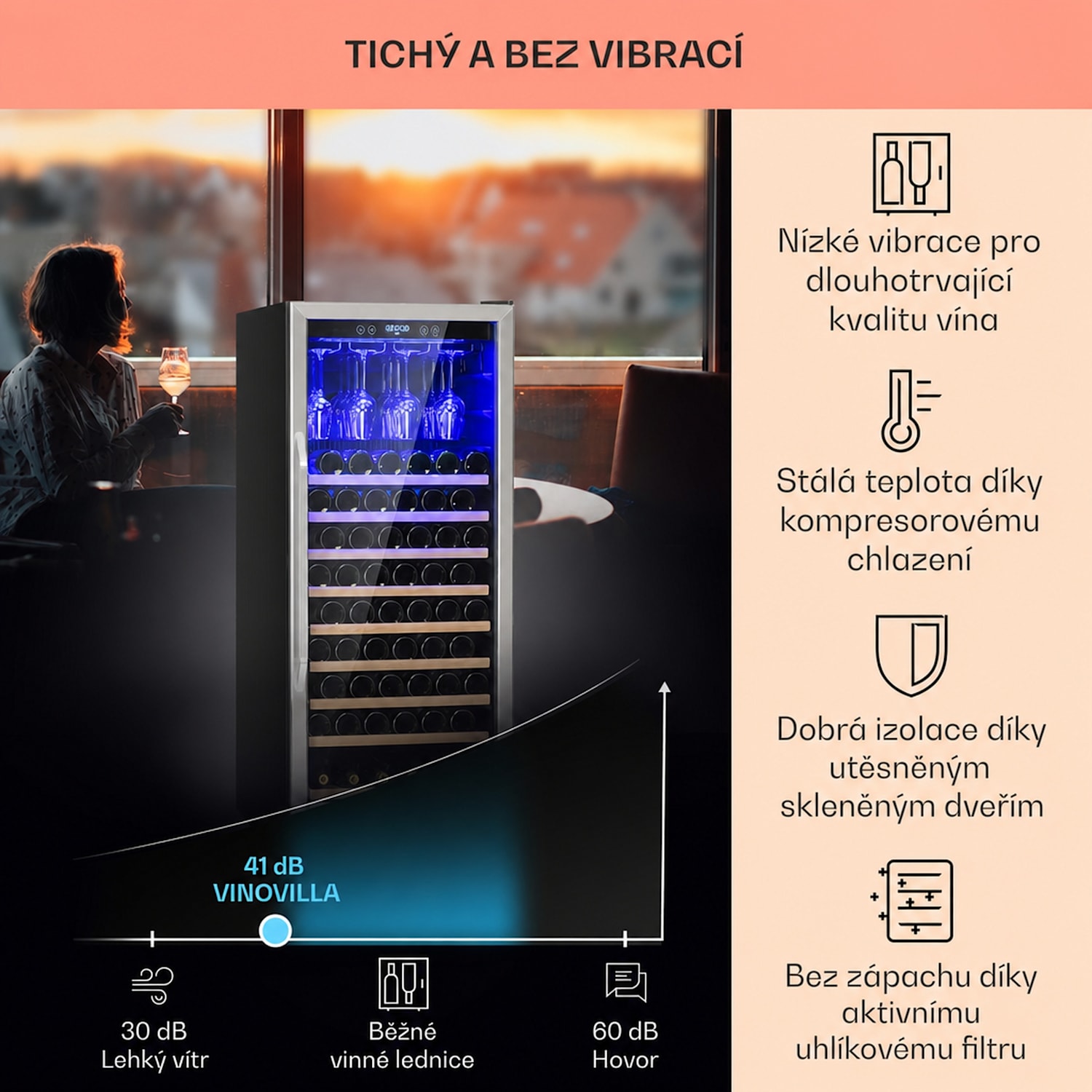 Vinovilla 127, vinotéka, 320 l/127 lahví, skleněné dveře, nerezová ocel 127 lahví | 1 chladící zóna | Nerezová ocel