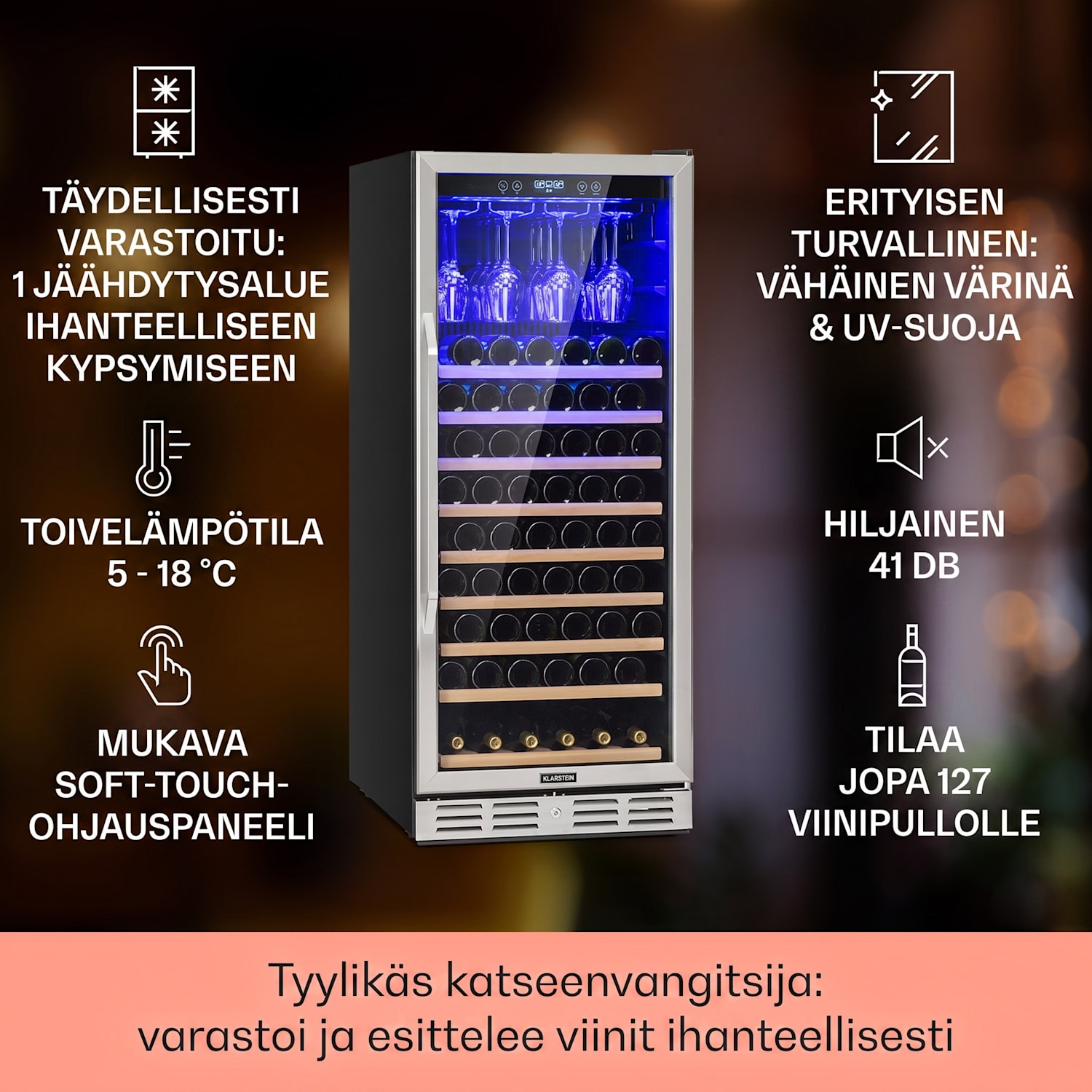 Vinovilla Grande 127 Built-in Uno -viinijääkaappi suurella tilavuudella 320 litraa 127 pulloa LED ruostumaton teräs 127 pulloa | 1 jäähdytysalue | Ruostumaton Teräs