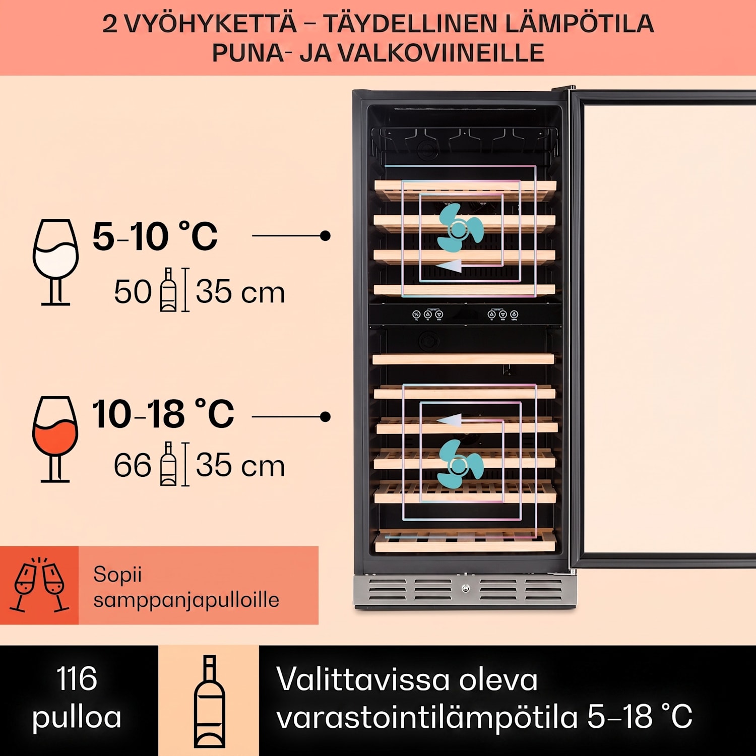 Vinovilla Grande 116 Built-in Duo -viinikaappi suurella tilavuudella 306 litraa 116 pulloa LED 116 pulloa | 2 jäähdytysalue | Ruostumaton Teräs