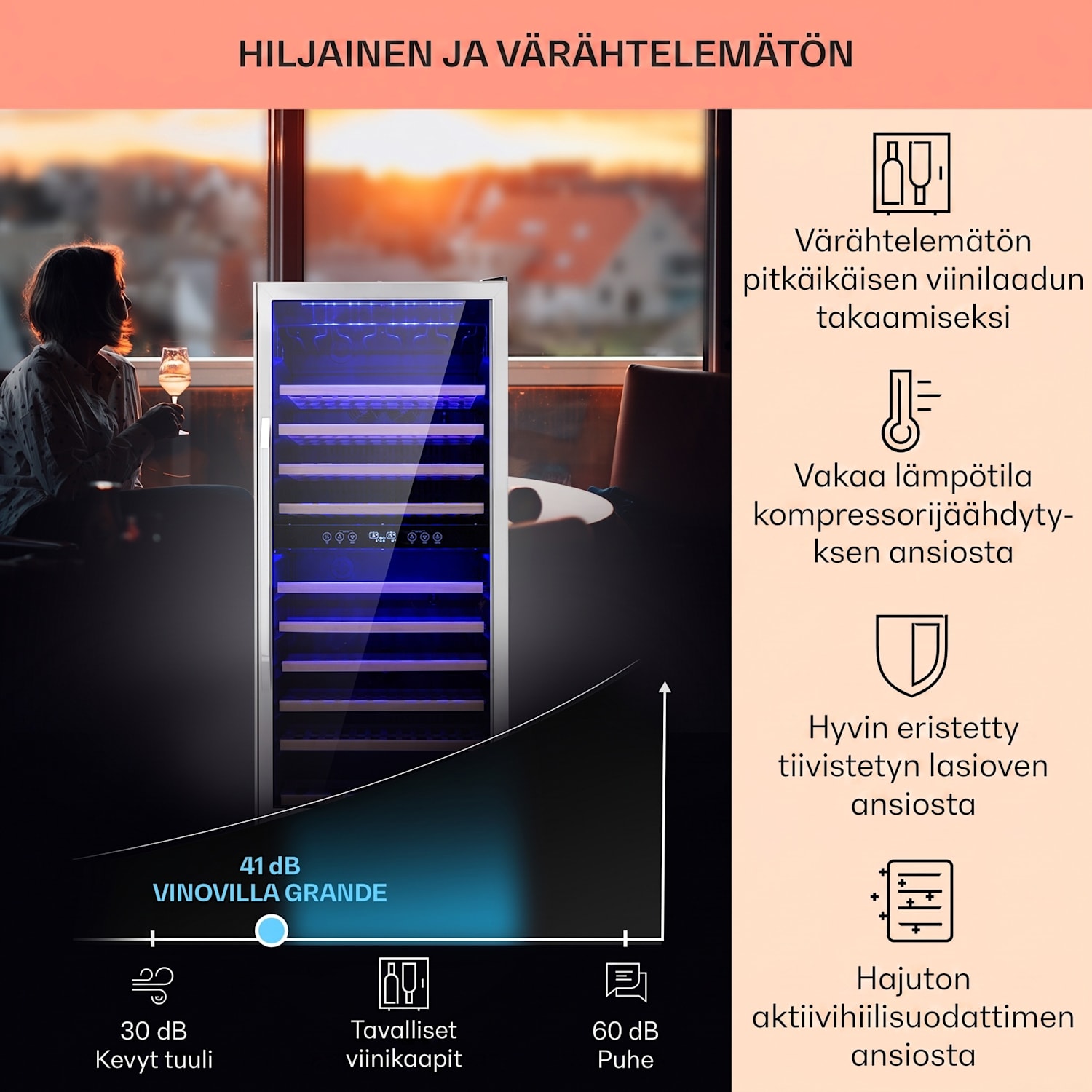 Vinovilla Grande 116 Built-in Duo -viinikaappi suurella tilavuudella 306 litraa 116 pulloa LED 116 pulloa | 2 jäähdytysalue | Ruostumaton Teräs