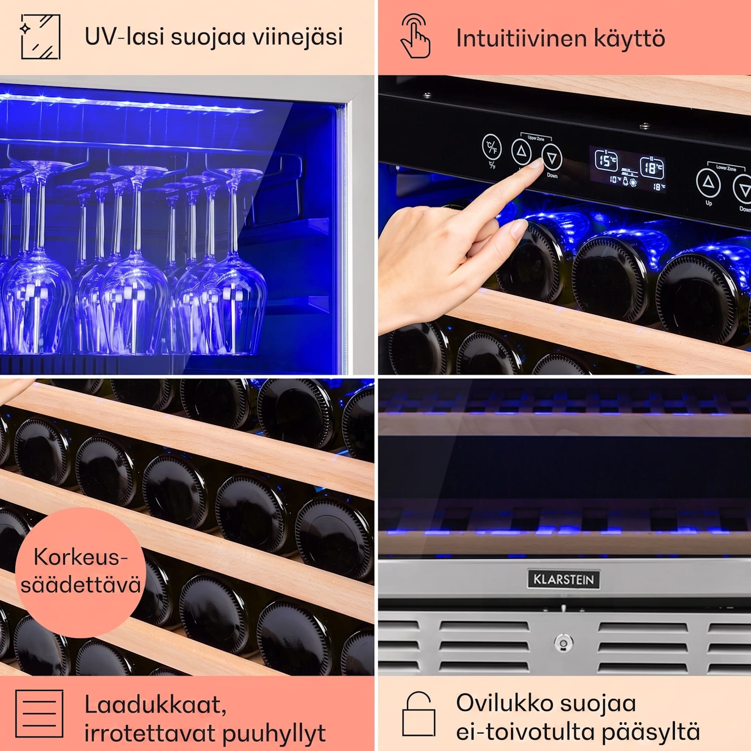 Vinovilla Grande 116 Built-in Duo -viinikaappi suurella tilavuudella 306 litraa 116 pulloa LED 116 pulloa | 2 jäähdytysalue | Ruostumaton Teräs