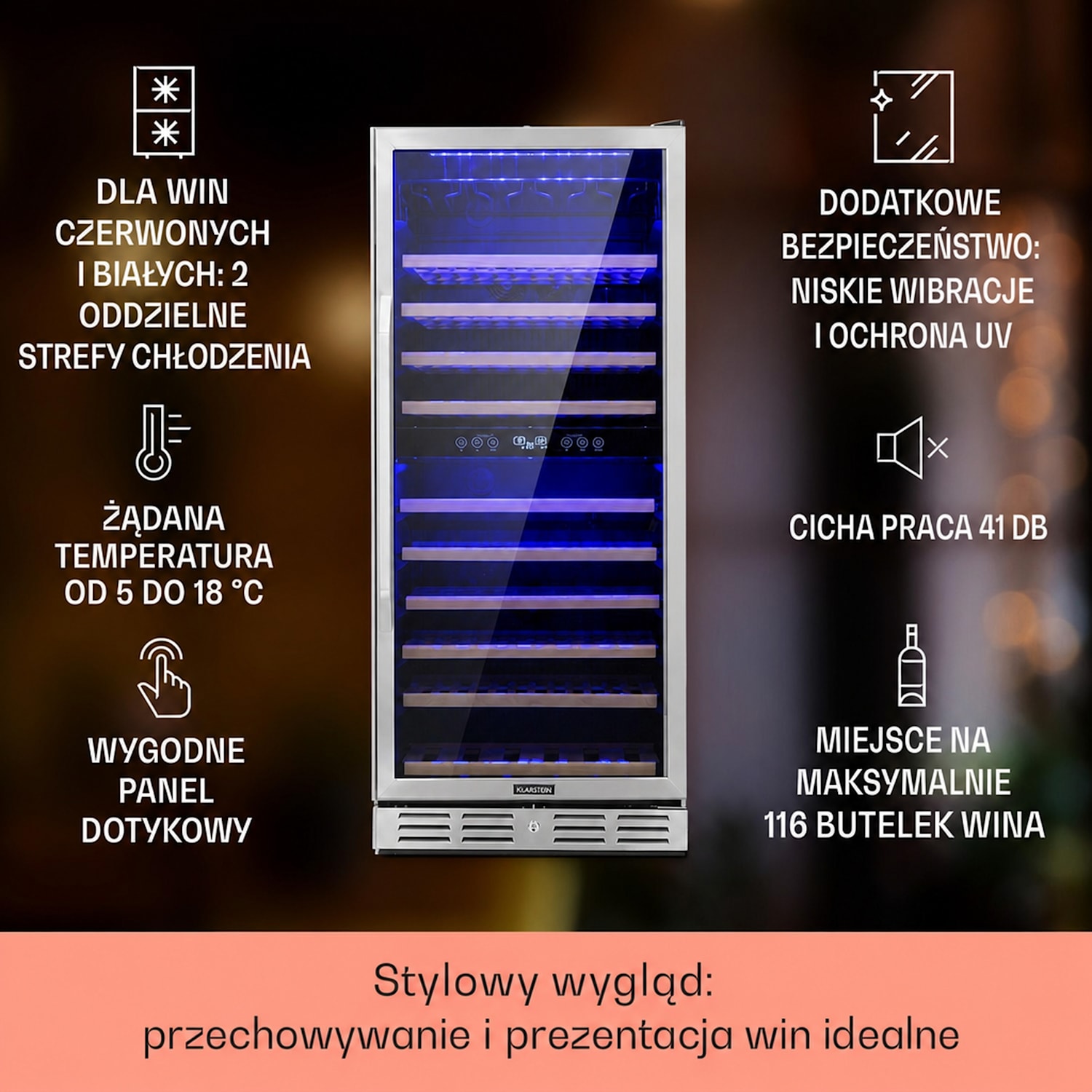 Vinovilla 116D, chłodziarka do wina, pojemna, 306 l, 116 butelek, stal szlachetna 116 butelek | 2 strefy chłodzenia | Stal nierdzewna