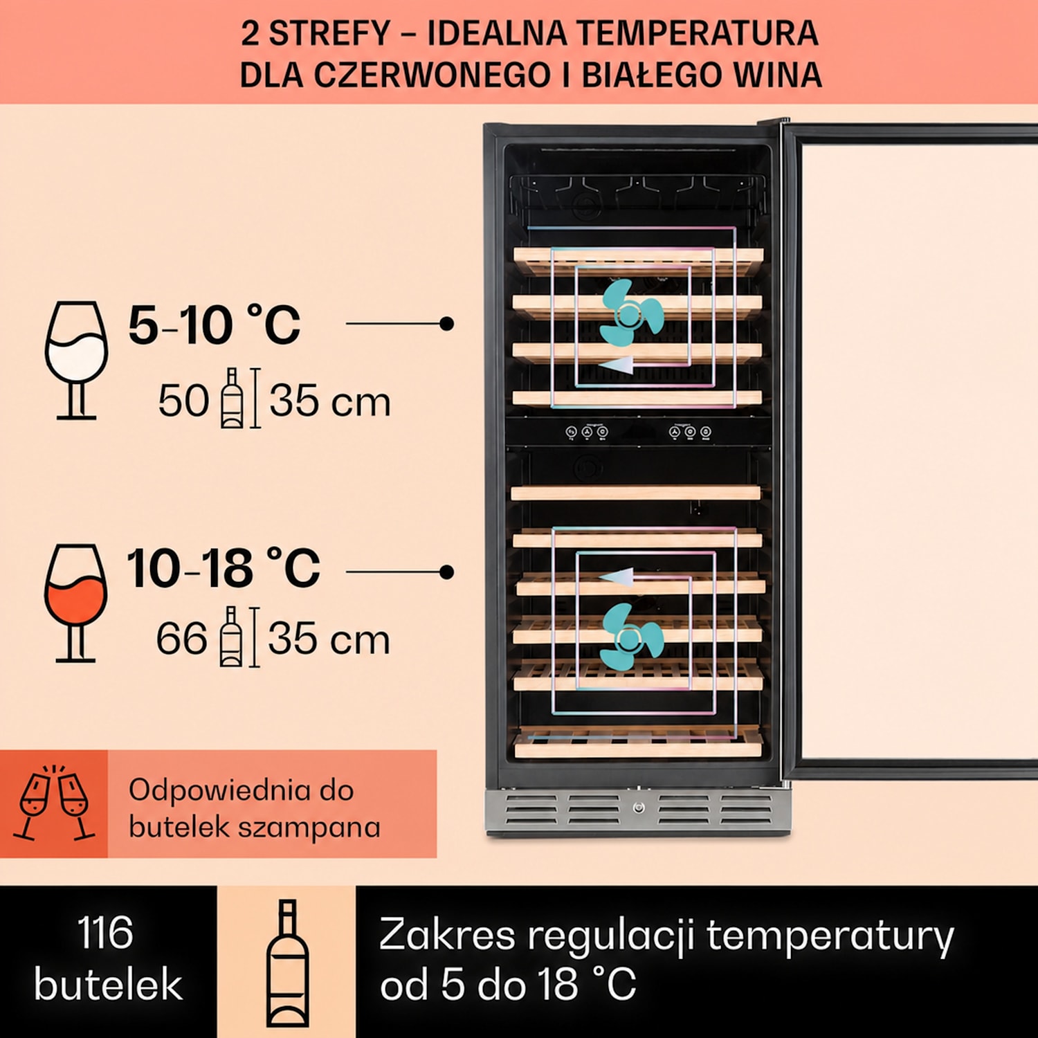 Vinovilla 116D, chłodziarka do wina, pojemna, 306 l, 116 butelek, stal szlachetna 116 butelek | 2 strefy chłodzenia | Stal nierdzewna