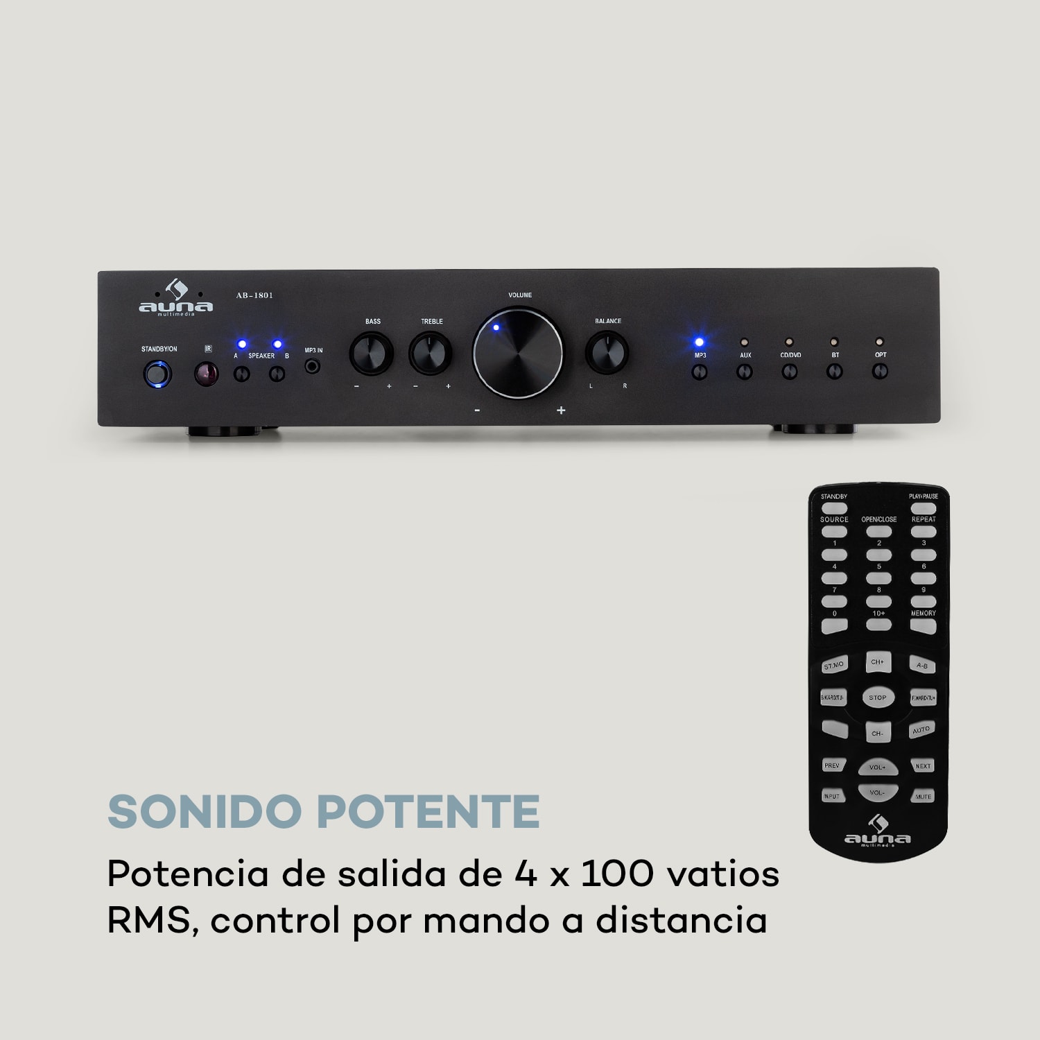 AV2-CD608BT Amplificador estéreo Hi-Fi 4x100W RMS BT Entrada óptica digital USB Negro Negro