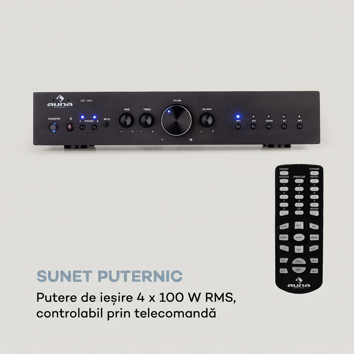 AV2-CD608BT, amplificator HiFi stereo, 4 x 100 W RMS, BT, intrare optică digitală, negru Negru