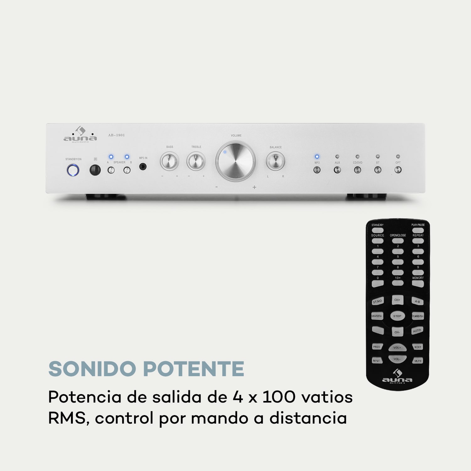 AV2-CD608BT Amplificador estéreo Hi-Fi 4x100W RMS BT Entrada óptica digital USB Plateado 