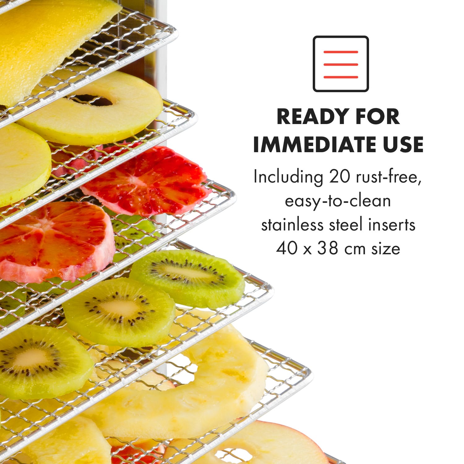 Master Jerky 500, sušička potravín, 3000 W, 40 – 90 °C, 24 hod. časovač, nehrdzavejúca oceľ, strieborný 32 roštov