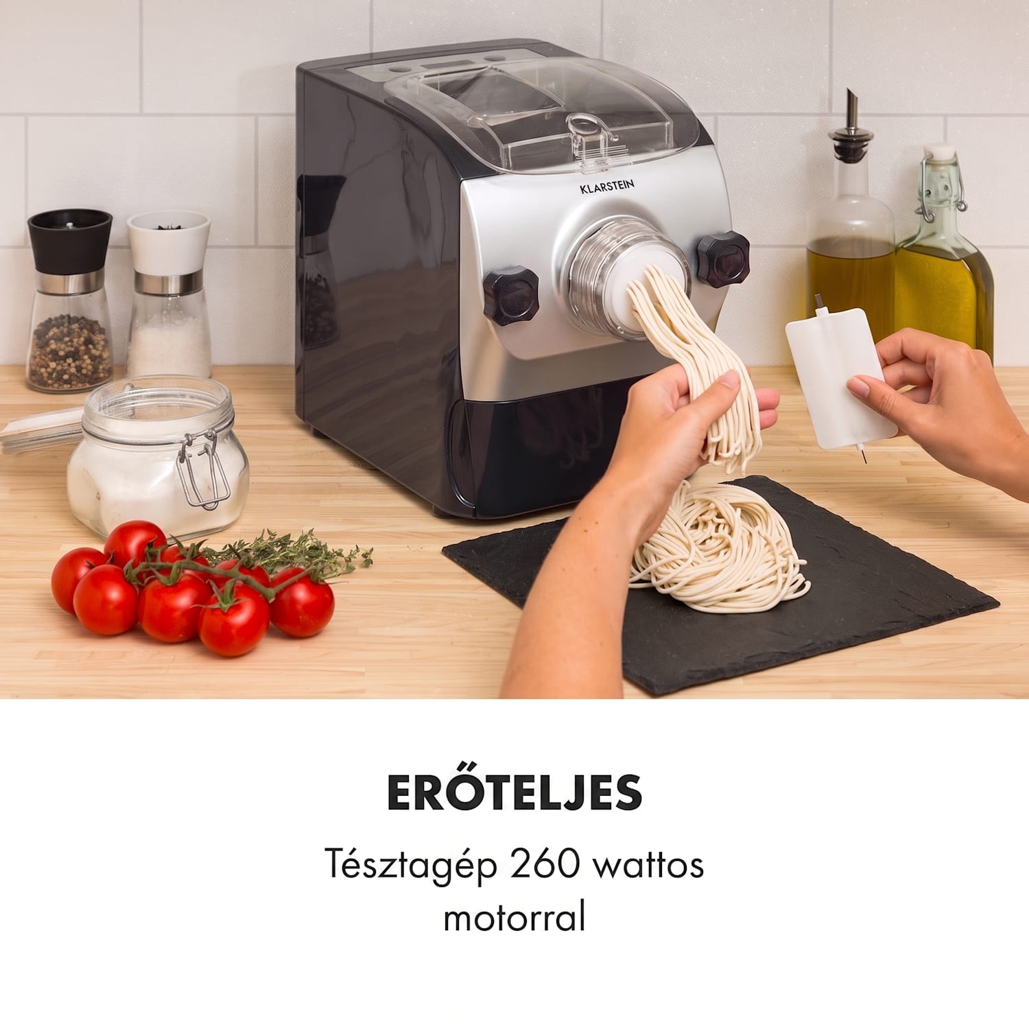 Pastamania, tésztakészítő gép, 260 W, 7 kiegészítő, 500 g, 60 dB, LED Fekete