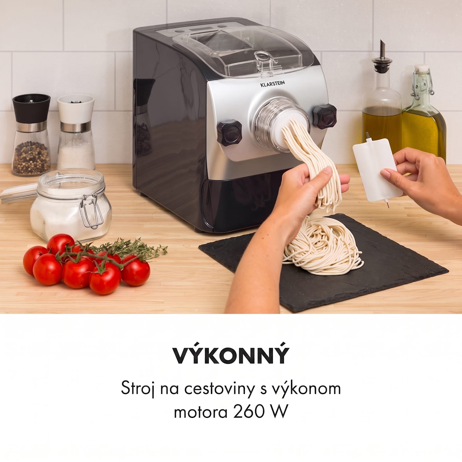 Pastamania, zriadenie na výrobu cestovín, 260 W, 7 nadstavcov, 500 g, 60 dB, LED Čierna
