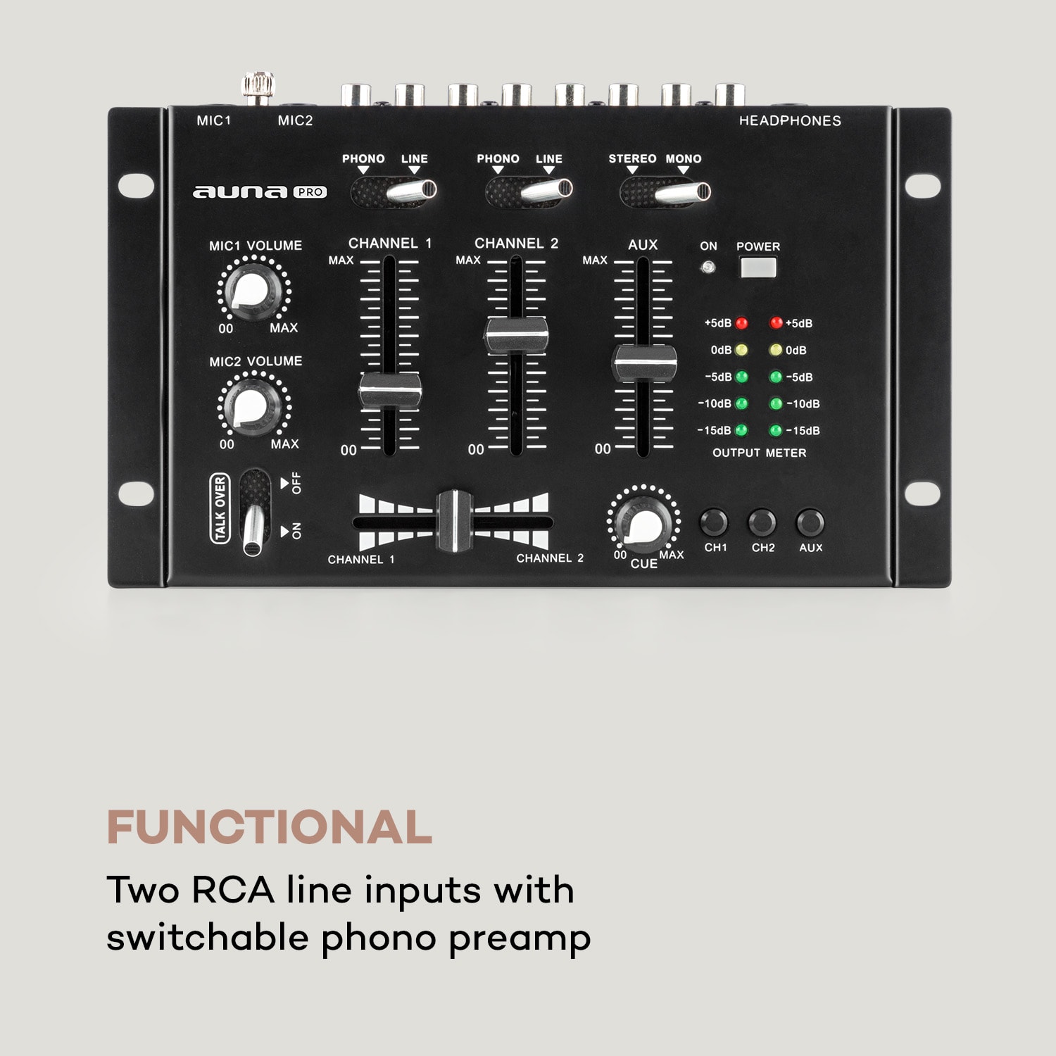 TMX-2211, MKII, DJ-Mixer, 3/2 канала, кросфейдър, talkover, стойка за стойка, черен 